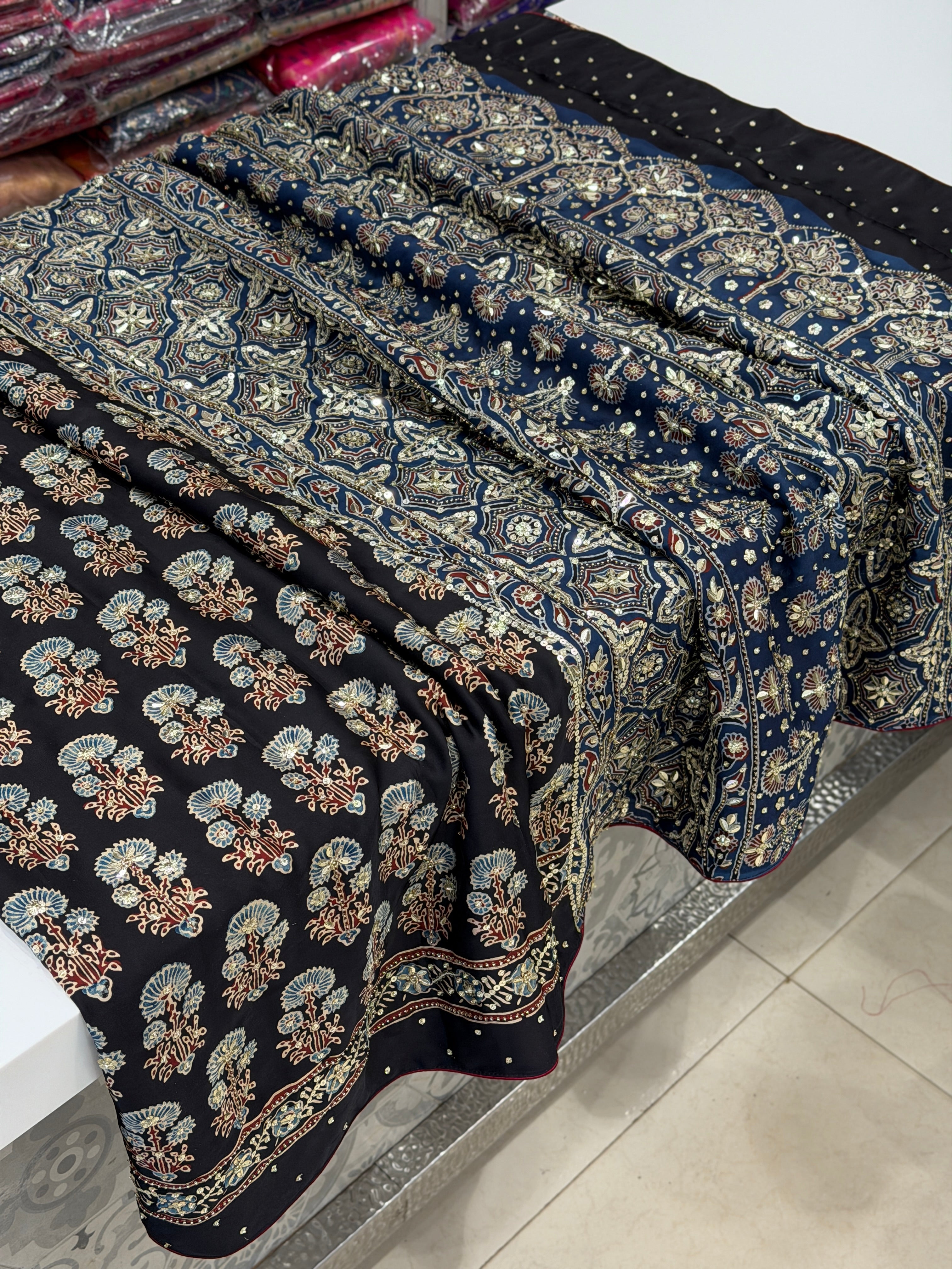 Black Butta Moti Sequin Ajrakh Hand Embroidery Saree