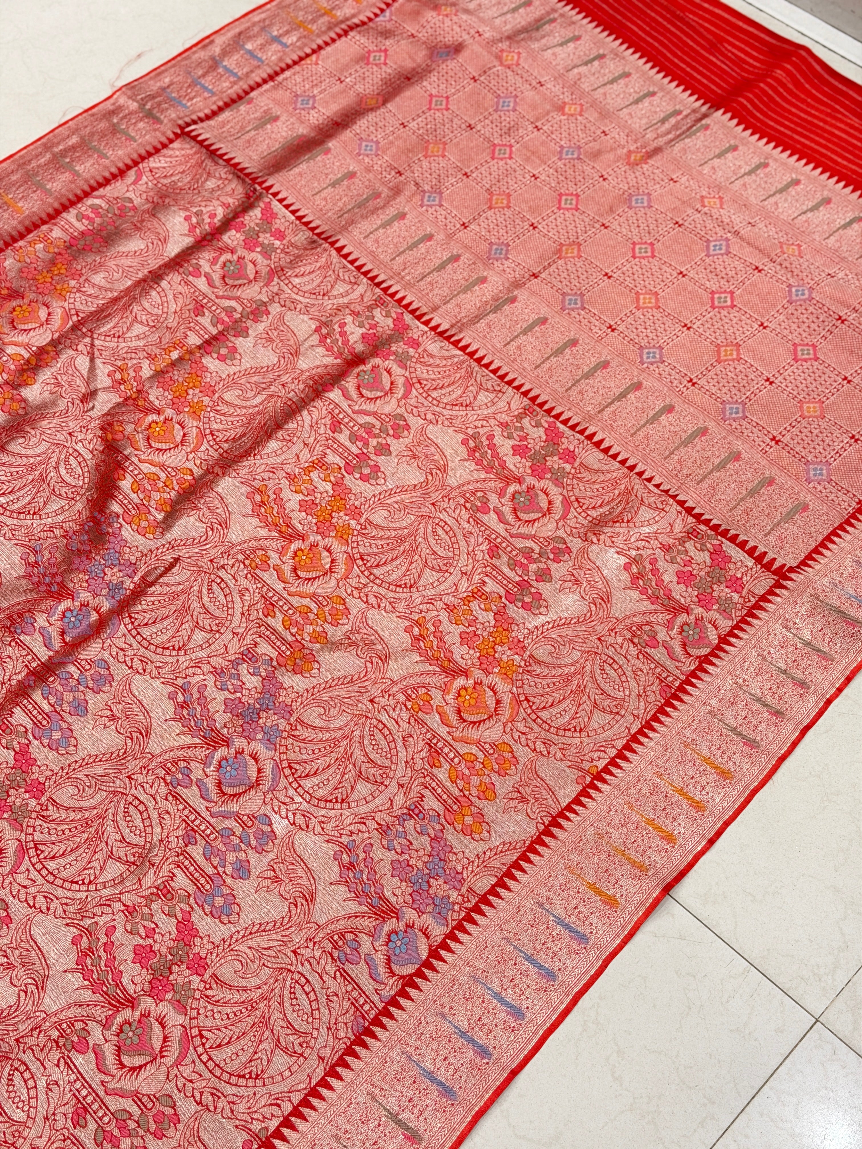 Red Banarasi Munga Tissue Meenakari Saree