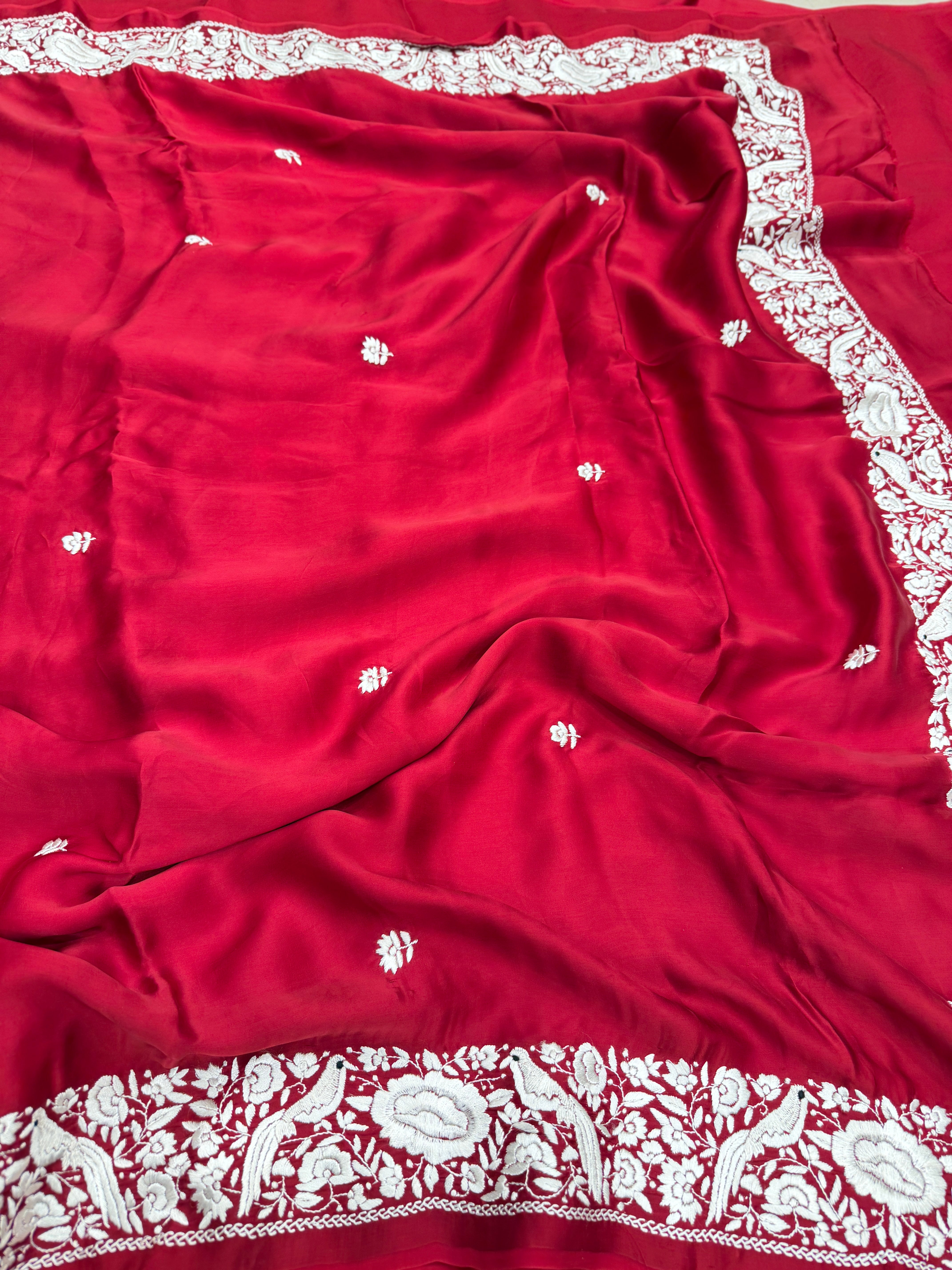 Red Parsi Gara Hand Embroidery Border Saree