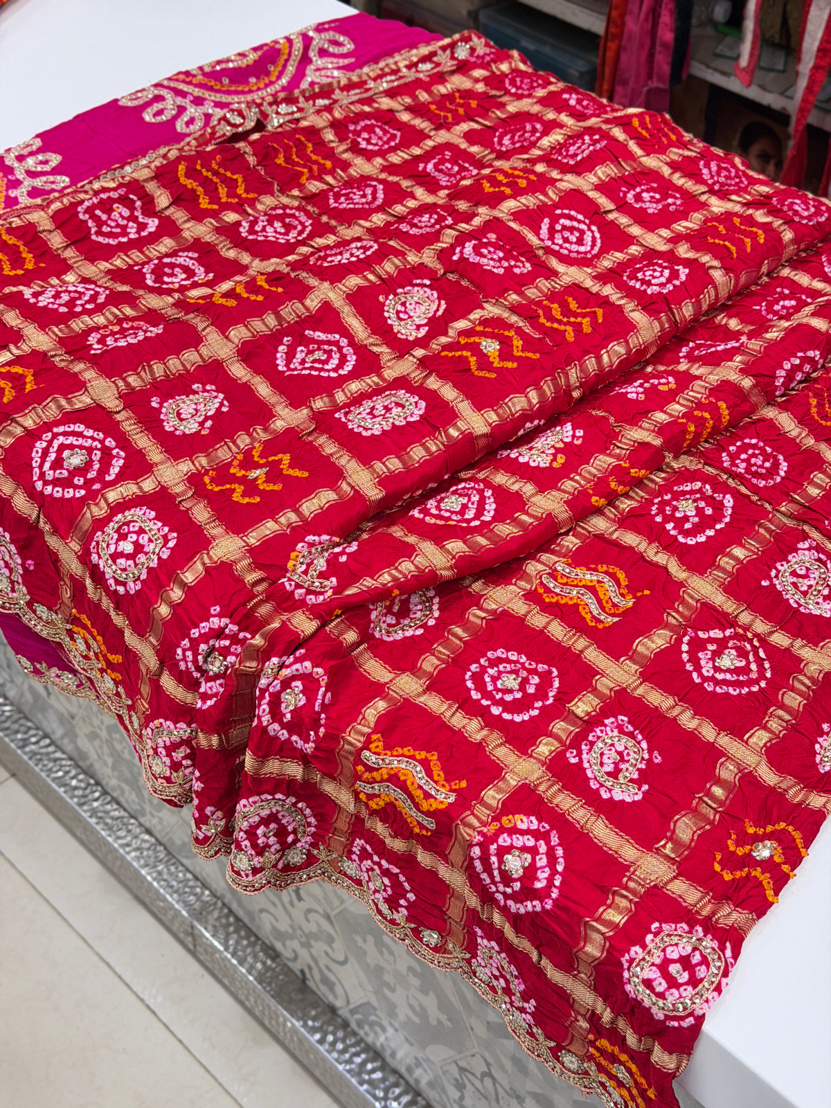 Rani Red Half Gharchola Gajji Silk Bandhej Gotapatti Marodi Hand Embroidery Saree