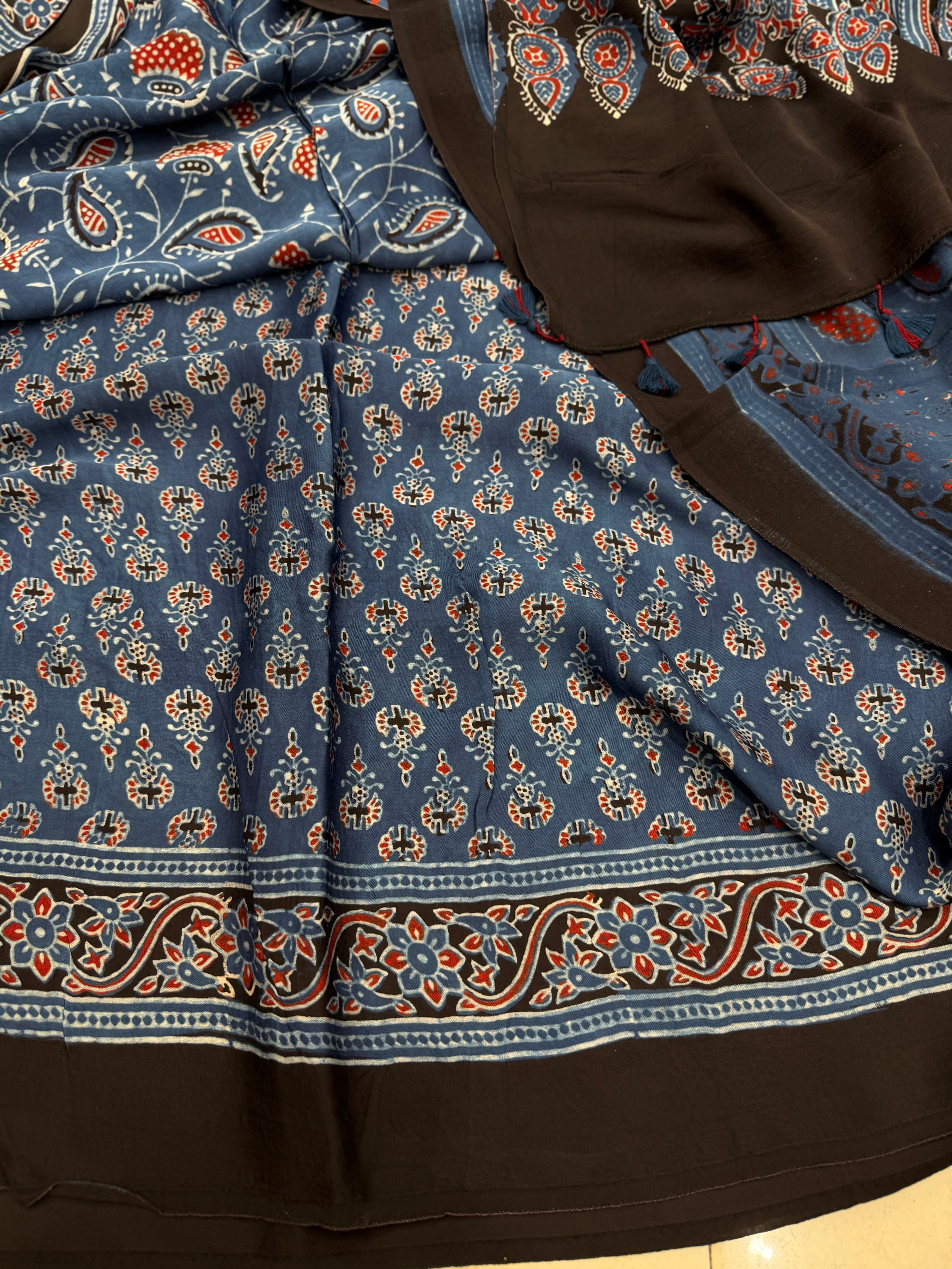Blue Keari Jaal Ajrakh Hand Block Print Pure Modal Silk Saree