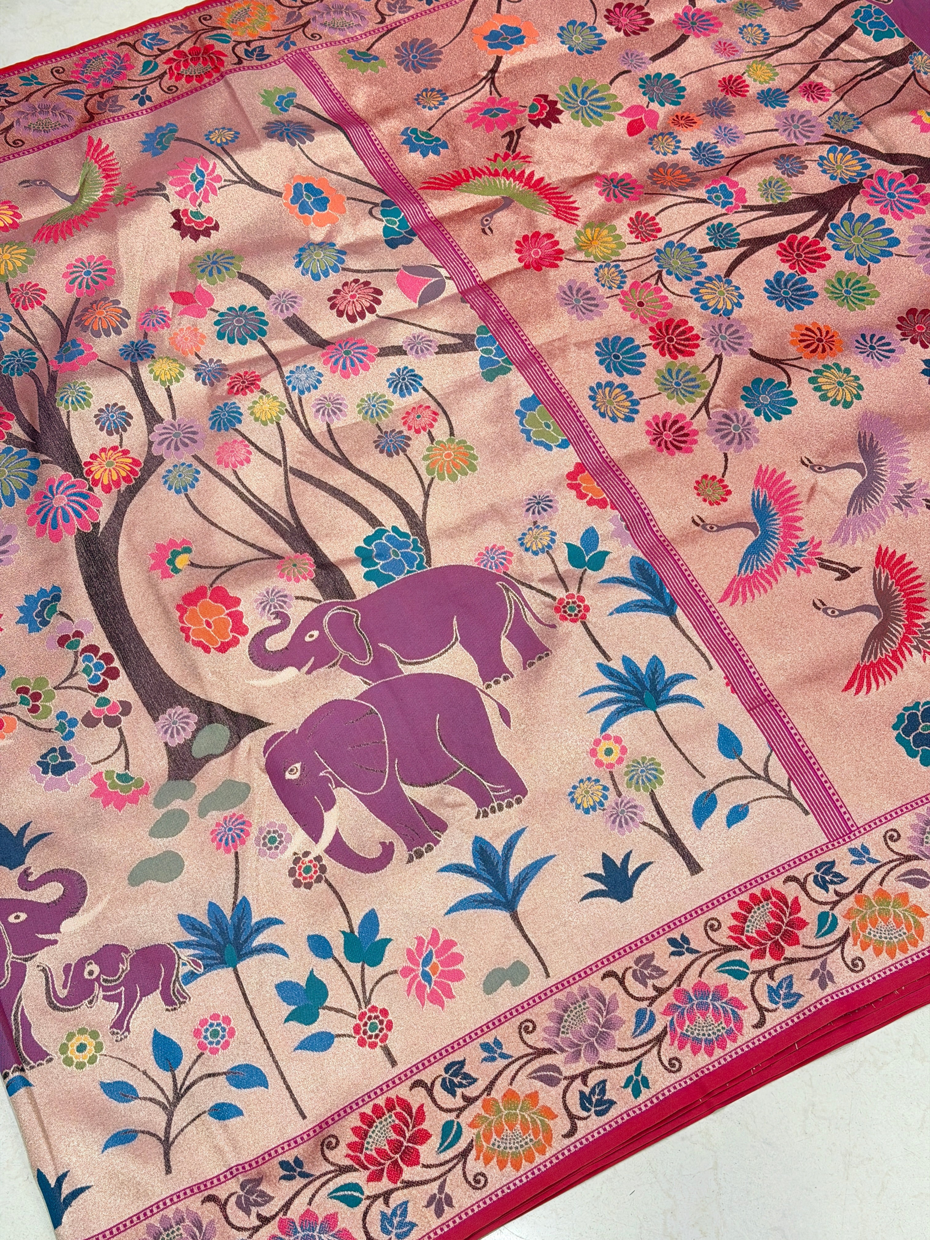 Golden Red Tissue Silk Paithani Meenakari Jaal Elephant Motif Saree