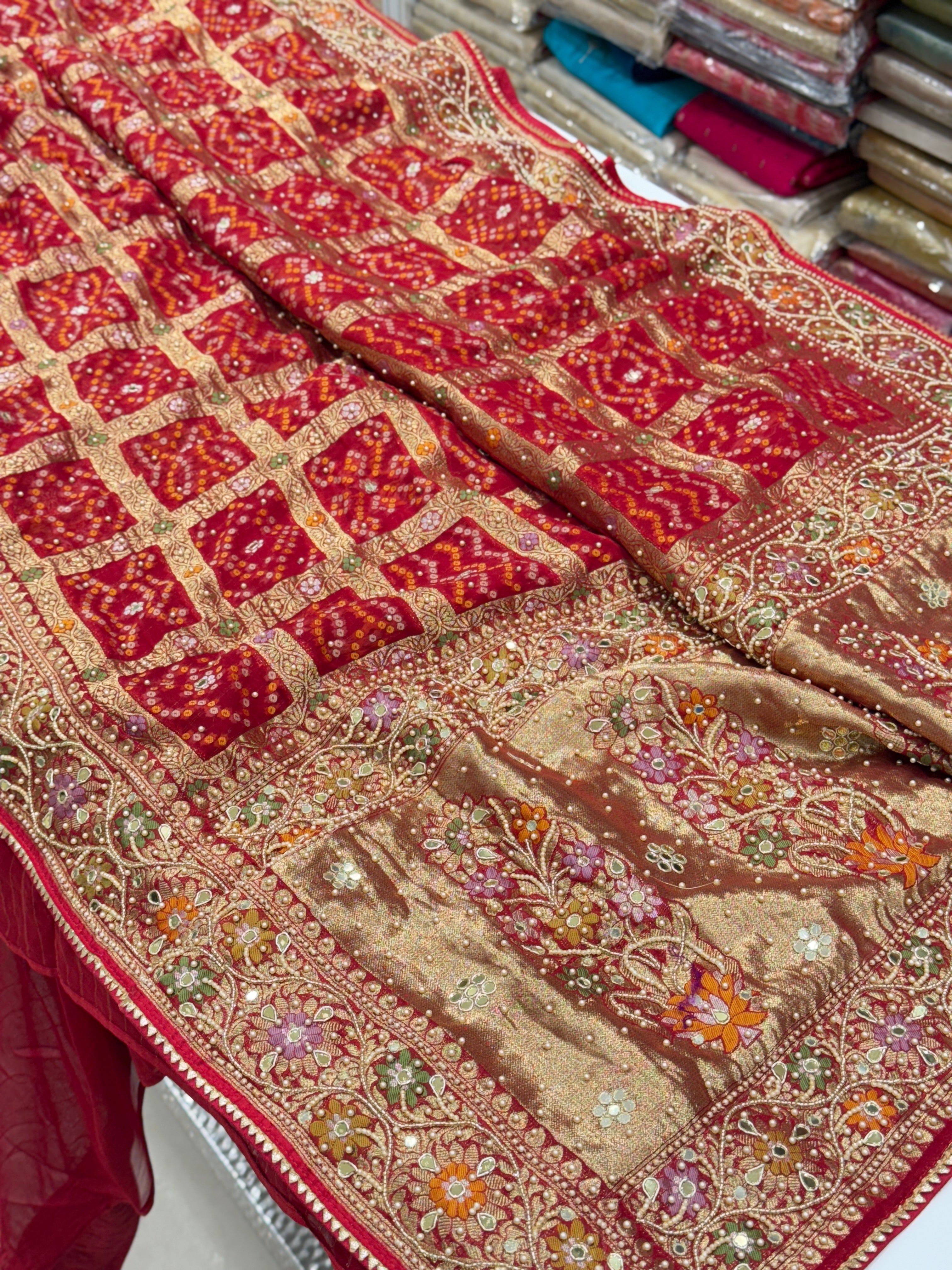 Red Gharchola Meenakari Moti Hand Embroidery Saree