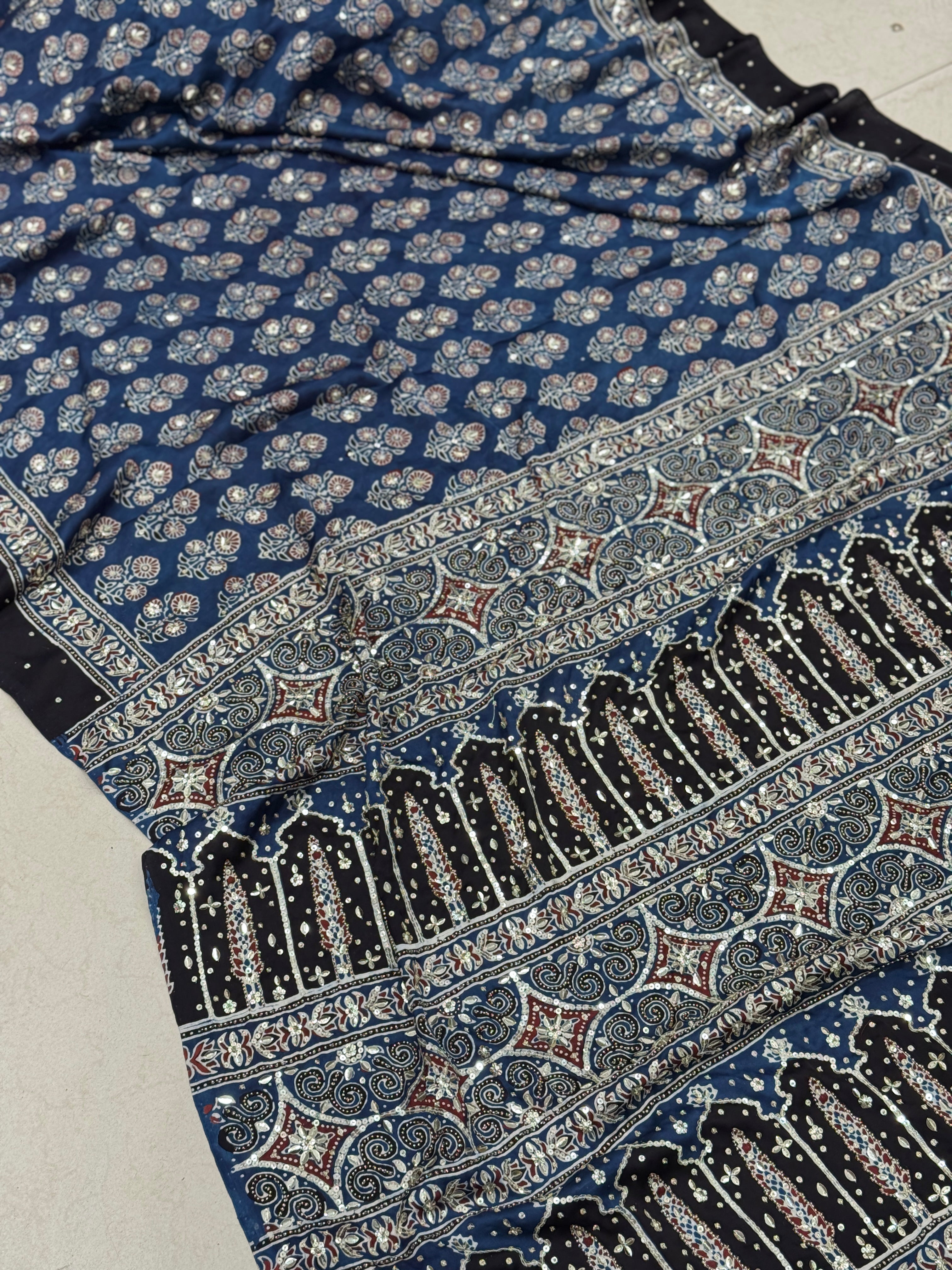 Blue Teen Buttis Ajrakh Hand Embroidery Saree