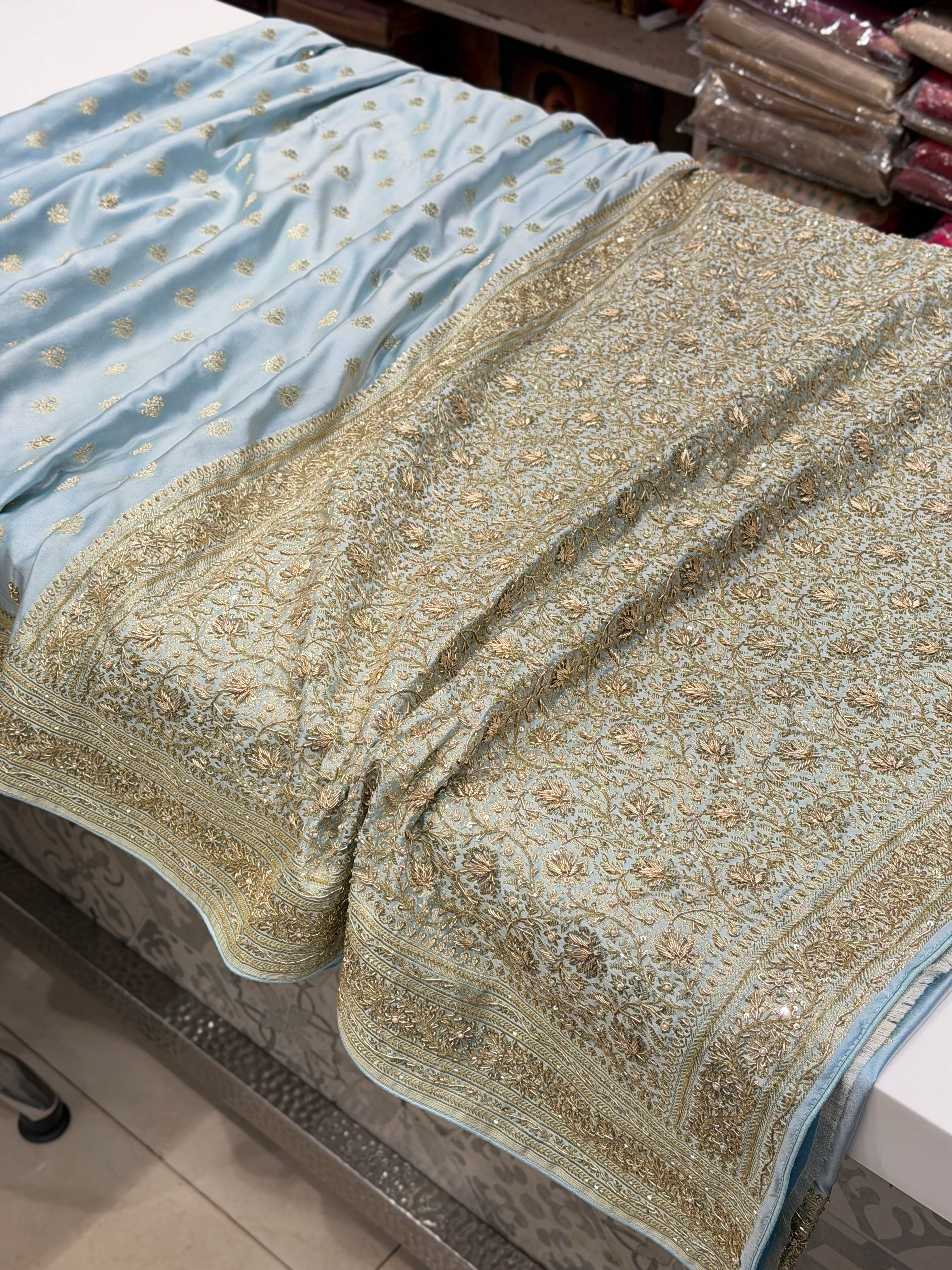 Light Blue Banarasi Buttis Zardosi Chain Hand Embroidery Saree