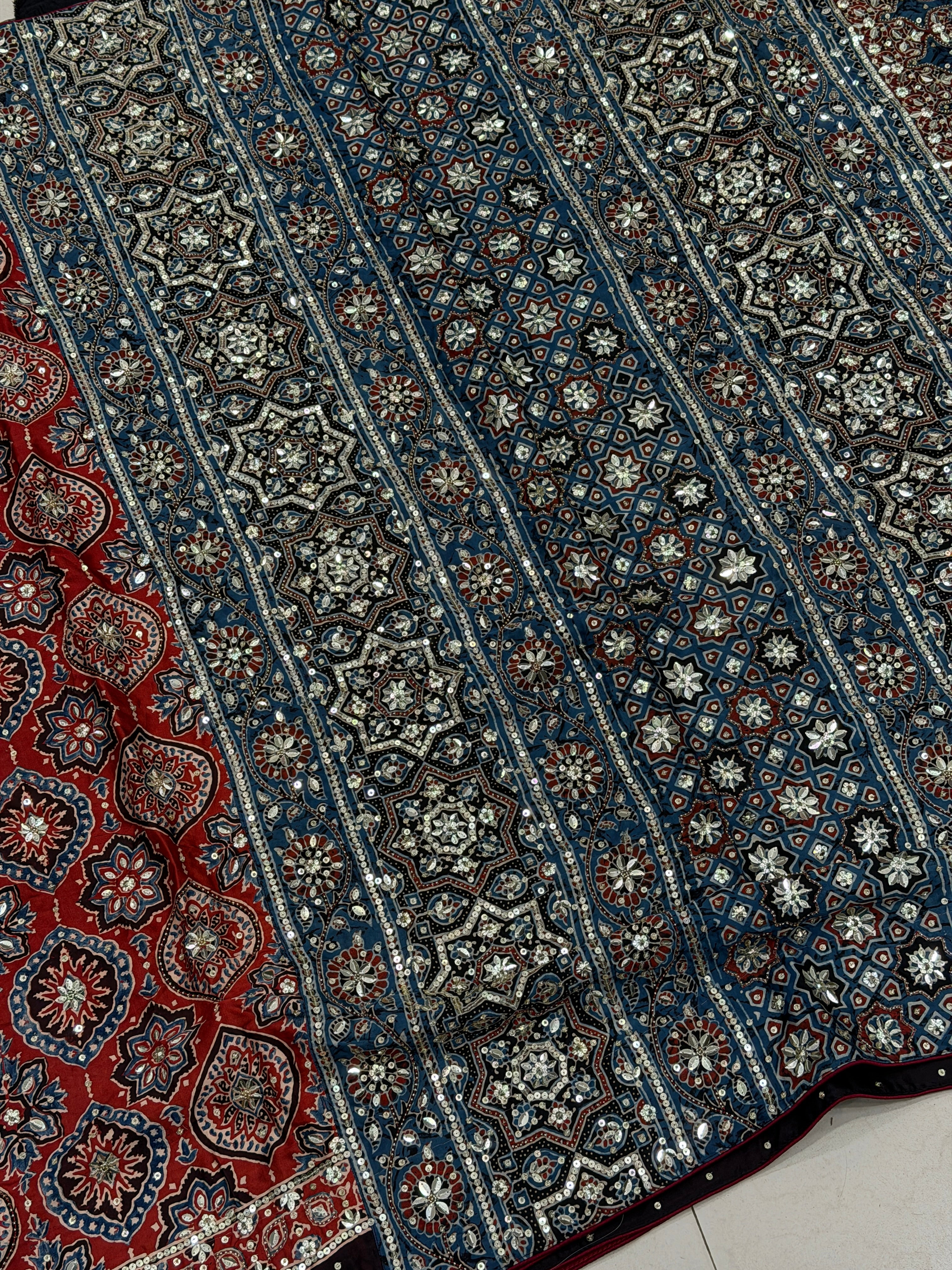 Red Blue Badam Jaal Ajrakh Sequin Moti Hand Embroidery Saree