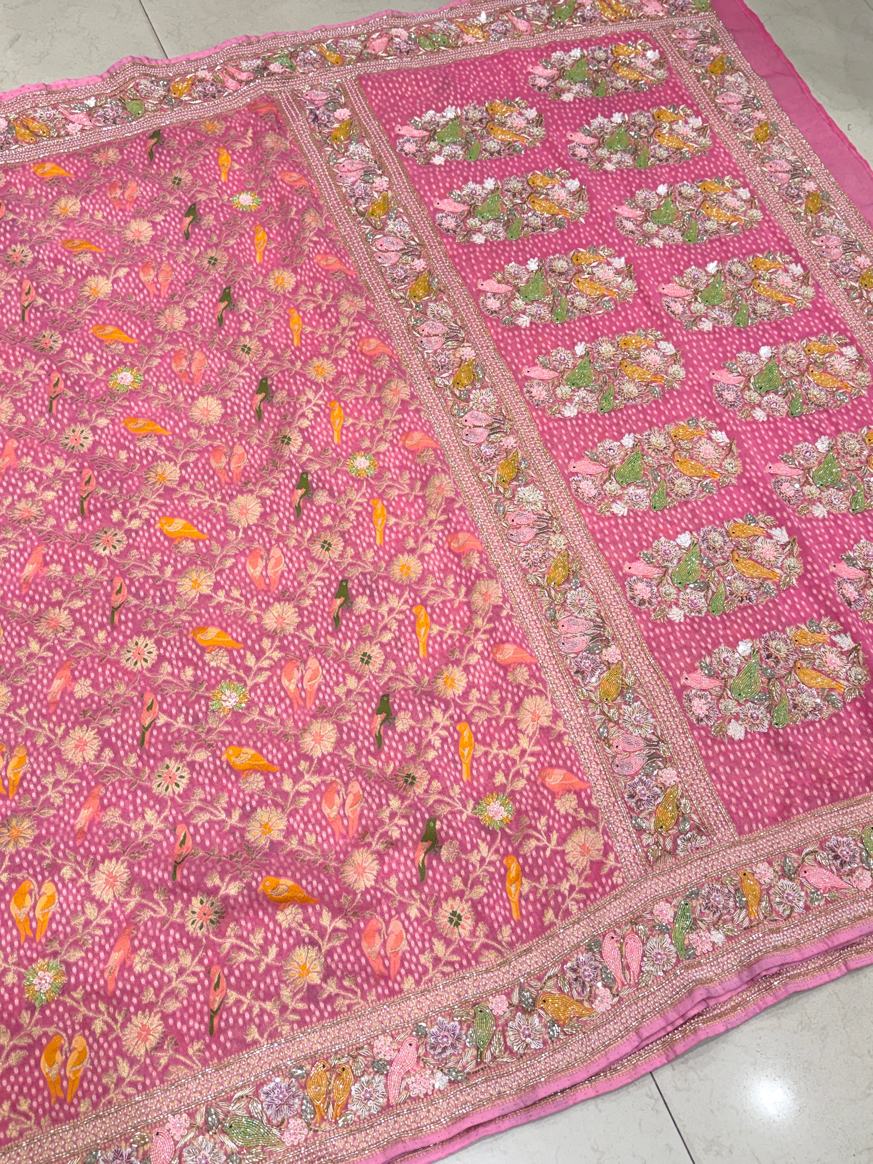 Pink Weaved Bandhej Parrot Motifs Georgette Moti Zardodi Hand Embroidery Saree