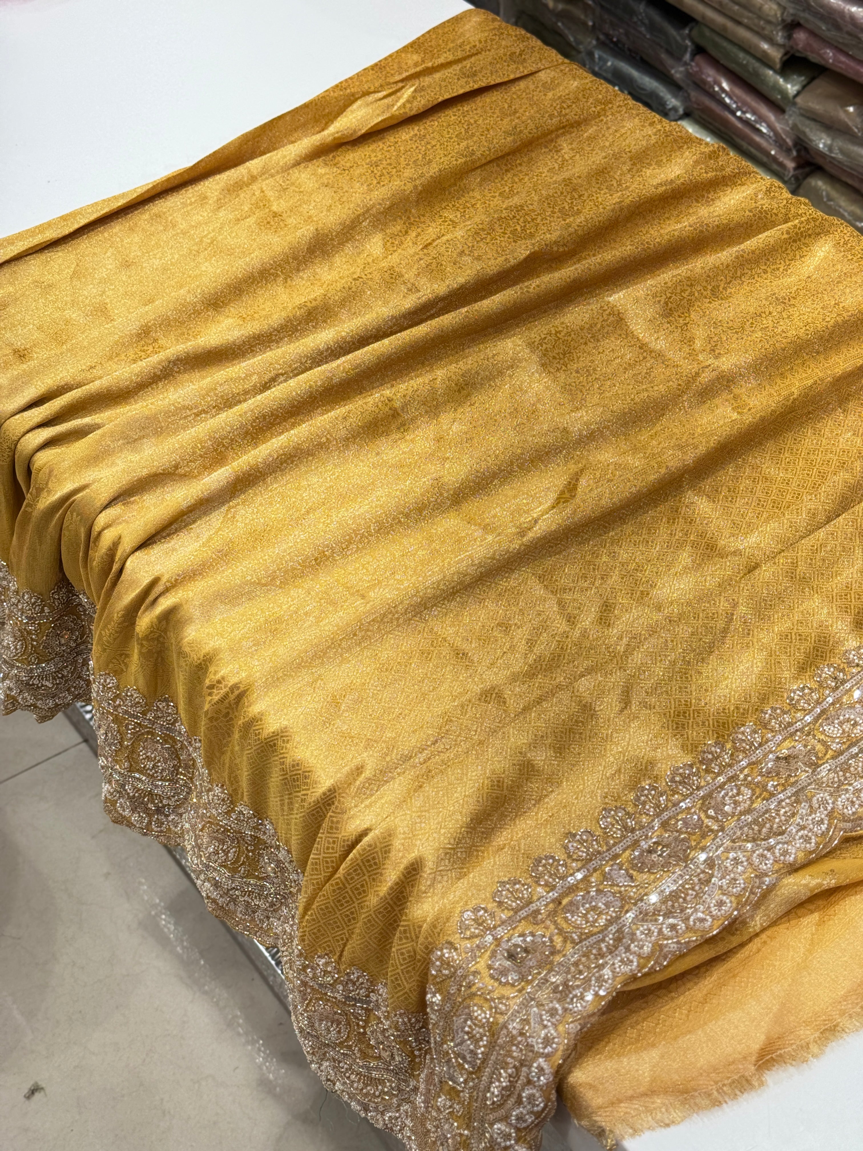 Yellow Soft Silk Moti Cutdana Embroidery Saree