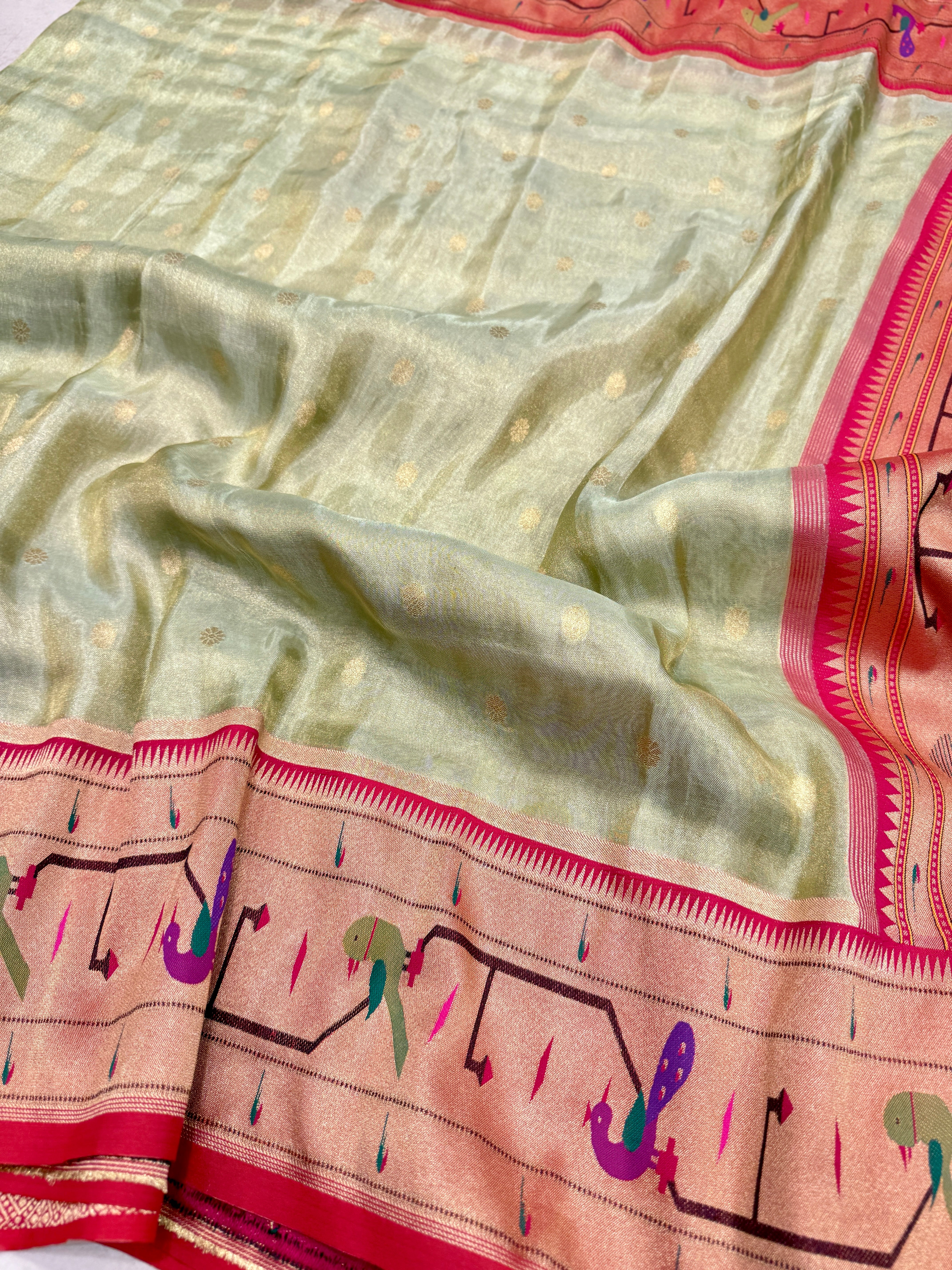 Pista Green Tissue Paithani Peacock Parrot Border Saree