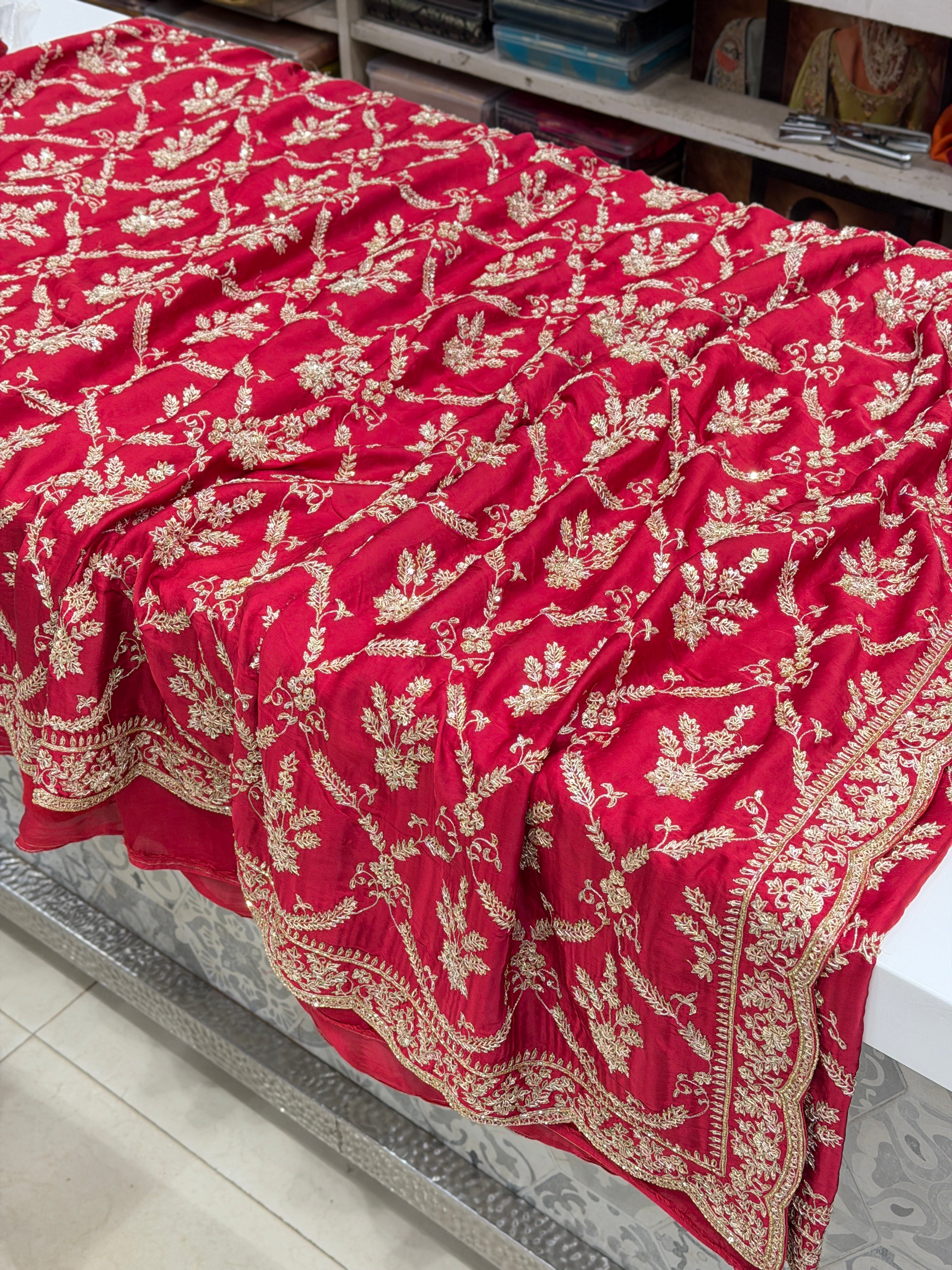 Red Pure Satin Silk Crown Jaal Zardosi Hand Embroidery Jaal Saree
