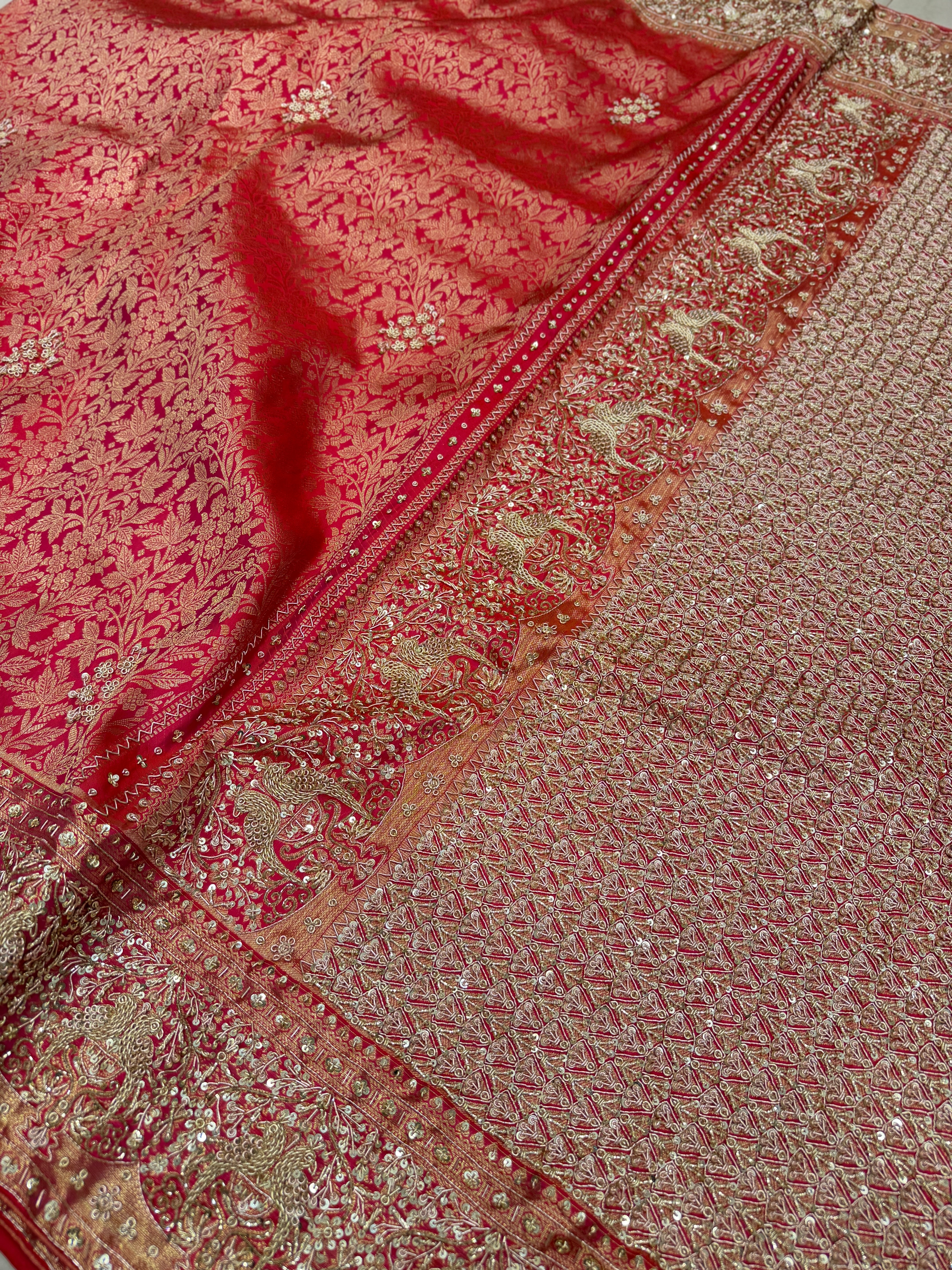 Crimson Kanjivaram Peacock Motifs Zardosi Hand Embroidery Jaal Saree