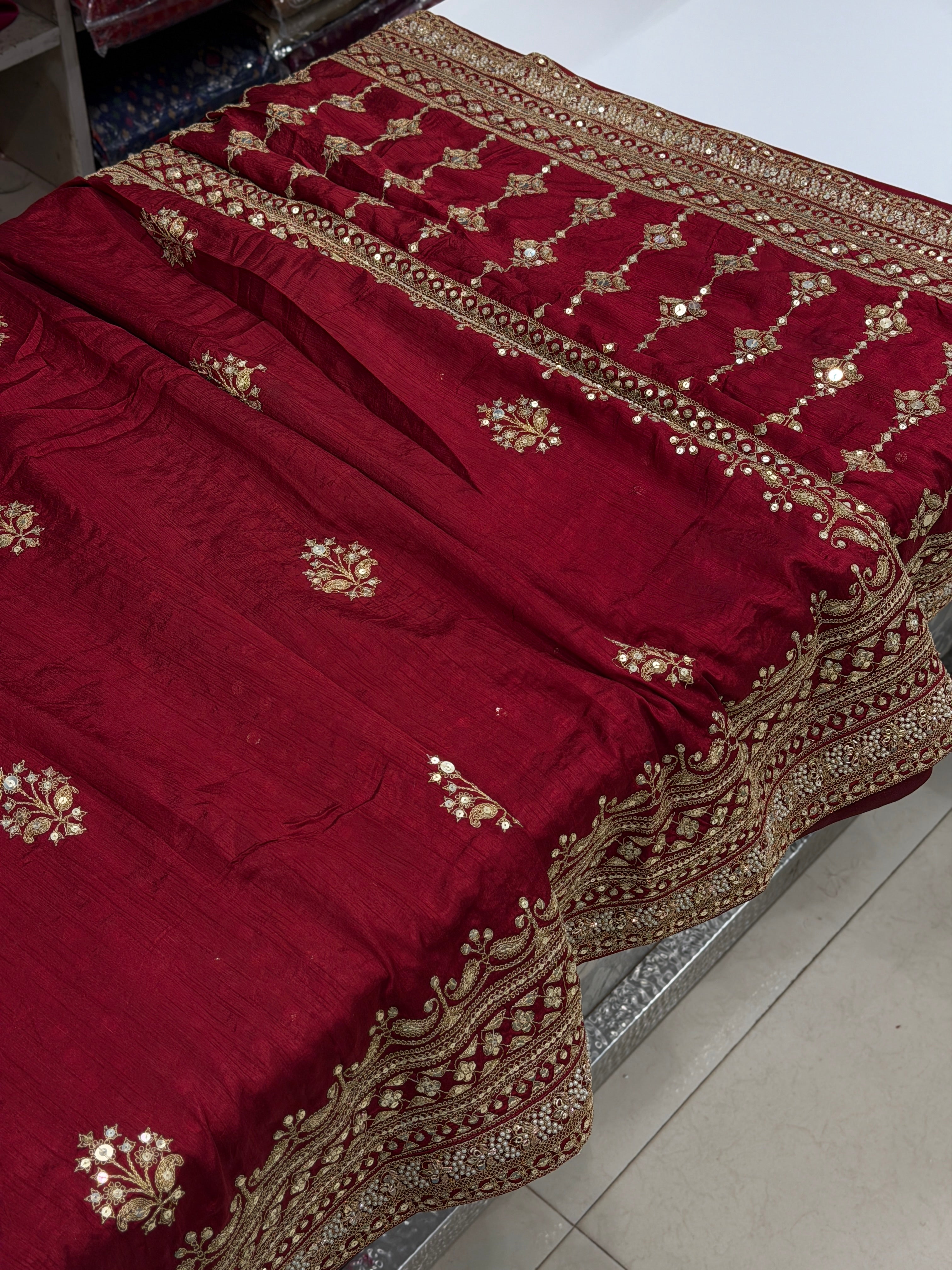 Maroon Pure Silk Sabyasachi Inspired Marodi Sequin Jaal Pallu Butti Saree