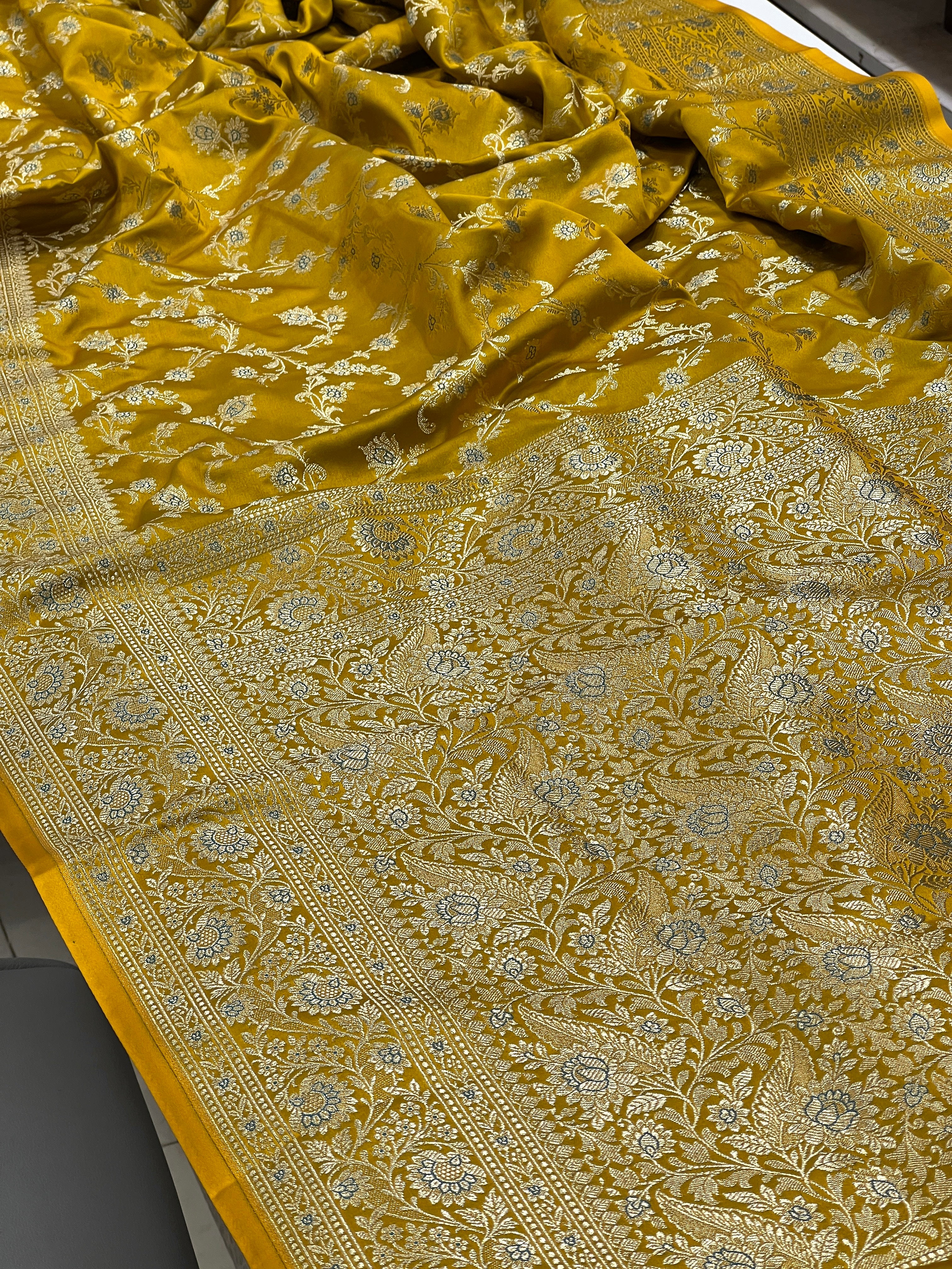 Greenish Yellow Banarasi Upside Down Border Saree