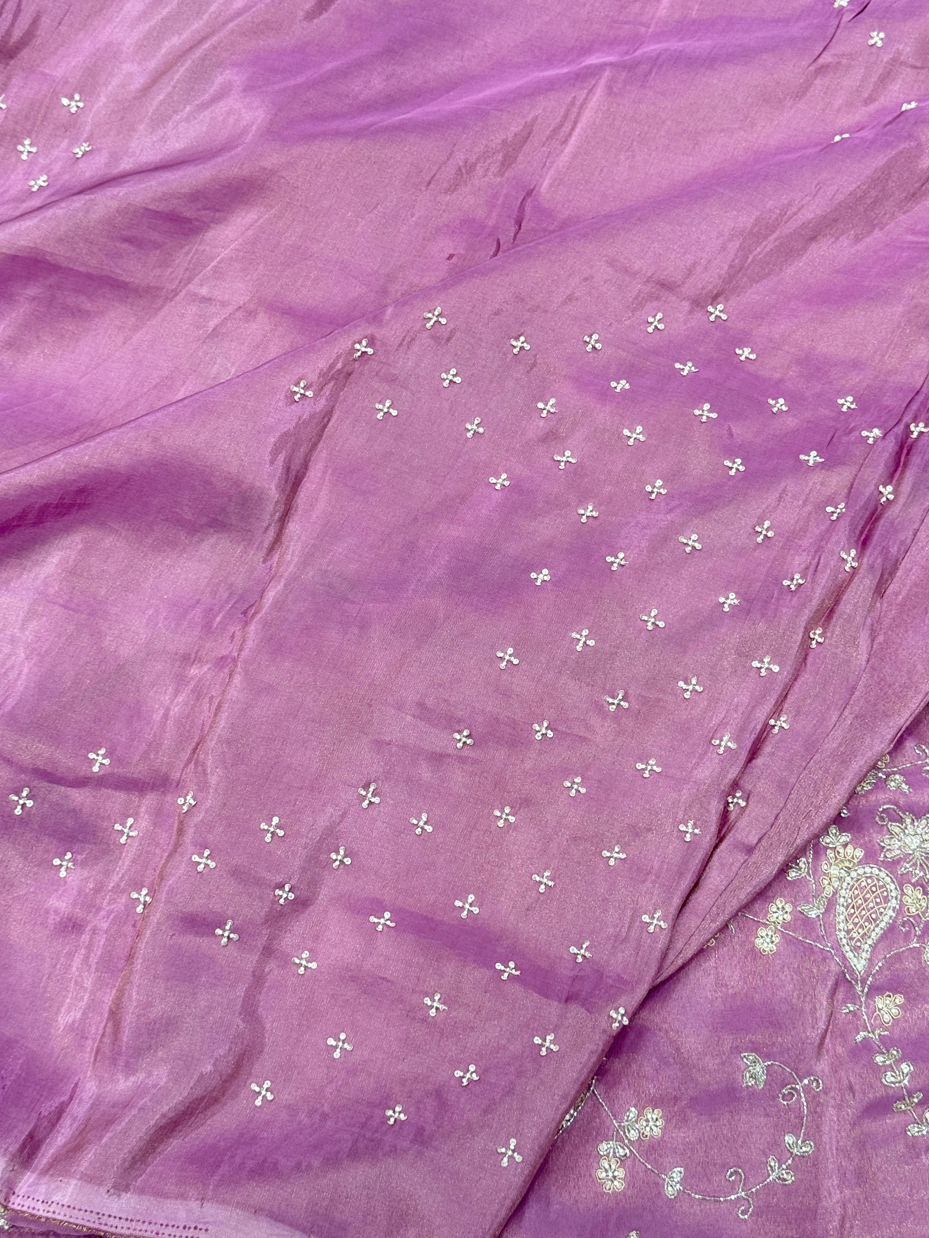 Lilac Crepe Tissue Cutana Moti Jaal Hand Embroidery Saree