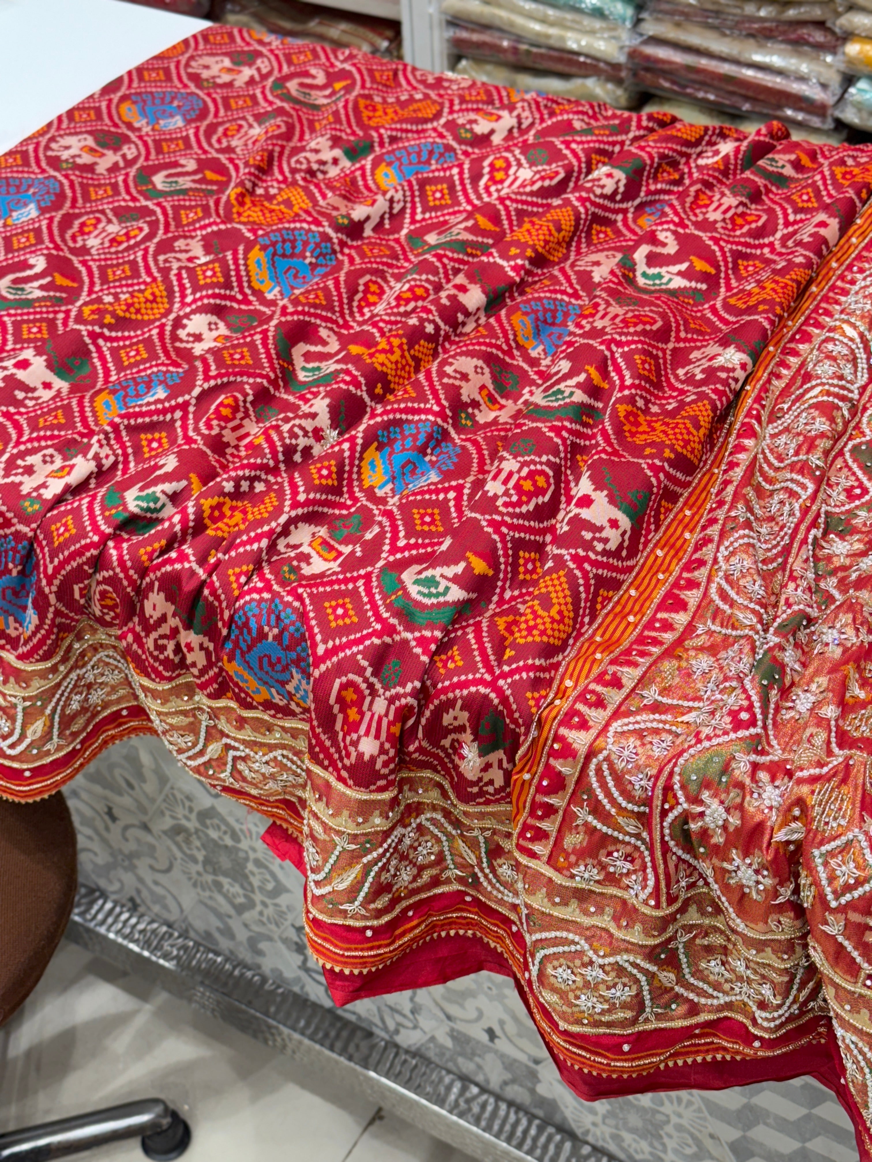 Maroon Patola Figures Zardosi Embroidery Saree