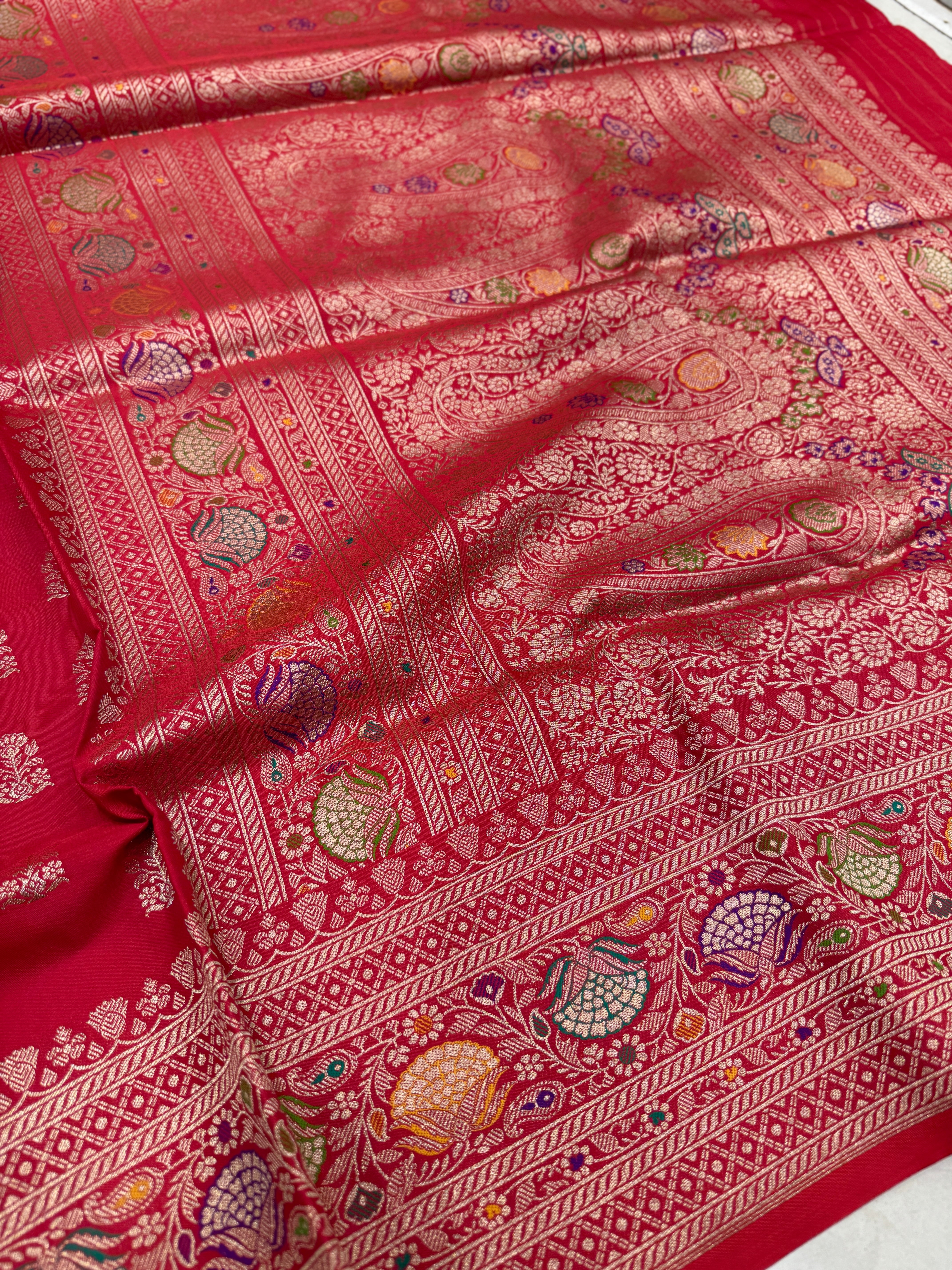 Red Banarasi Silk Butta Meena Border Saree