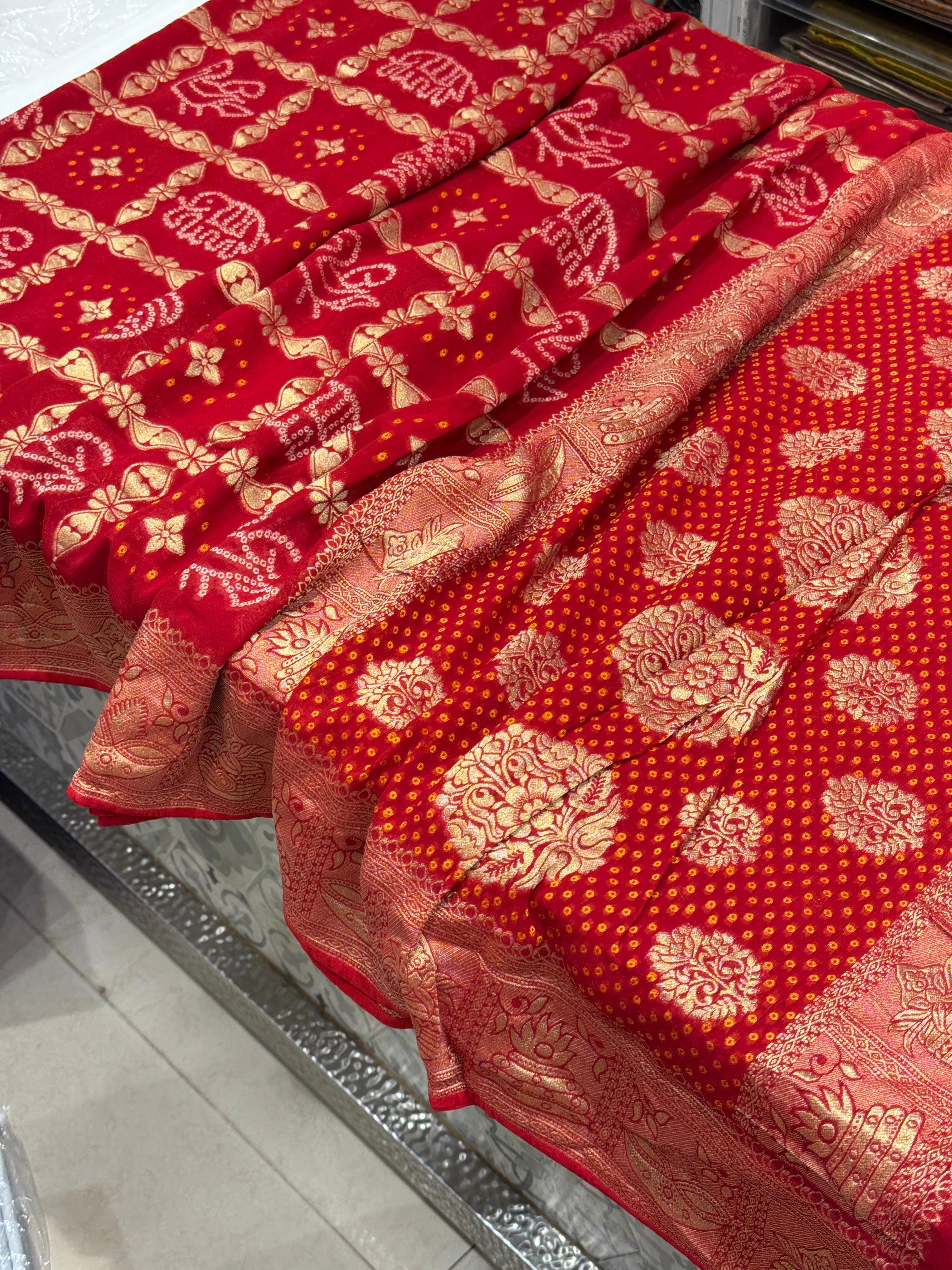 Red Woven Bandhej Georgette Gharchola Saree 3.0