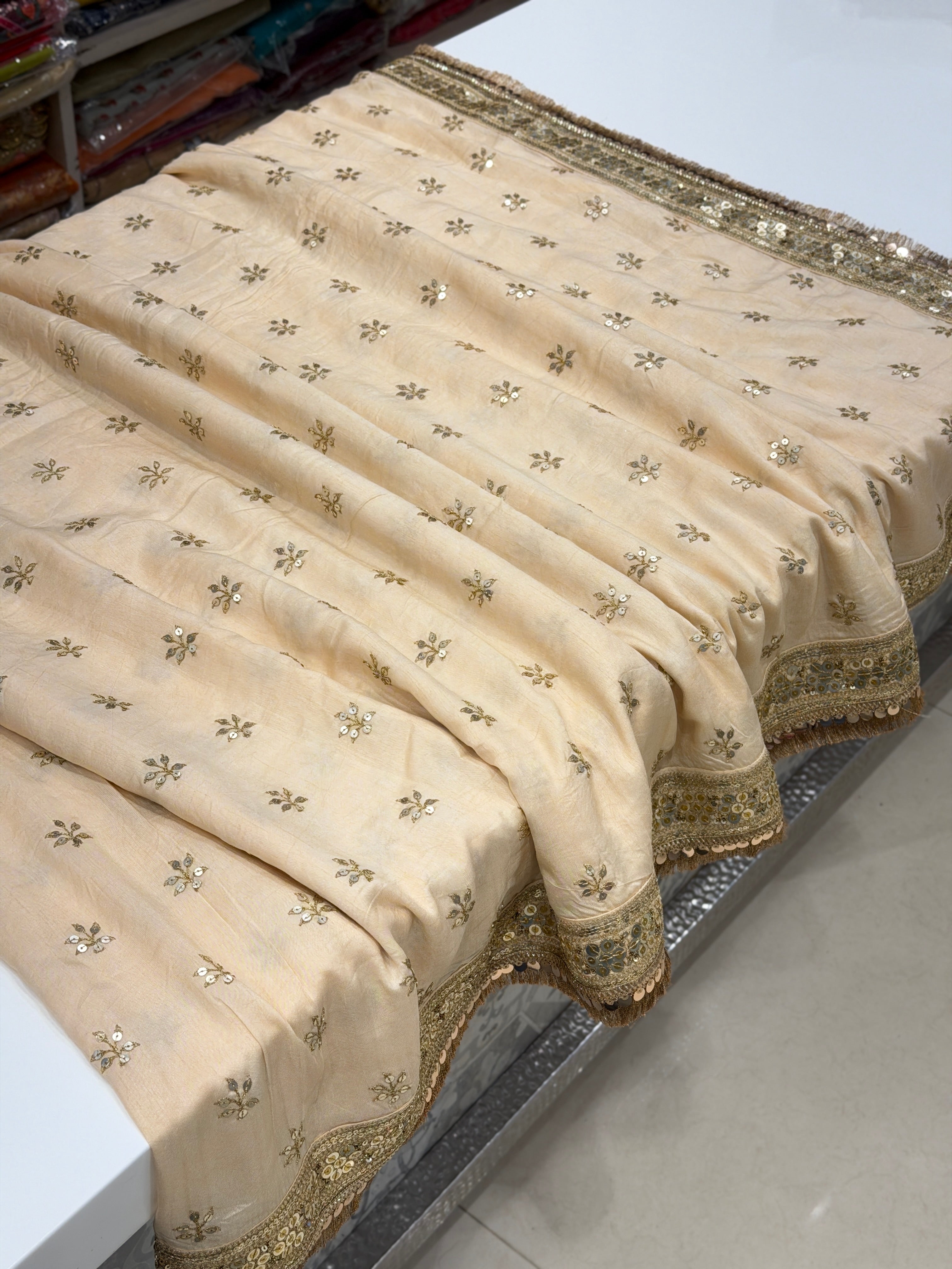 Beige Pure Silk Sabyasachi Inspired Marodi Sequin Butti Saree