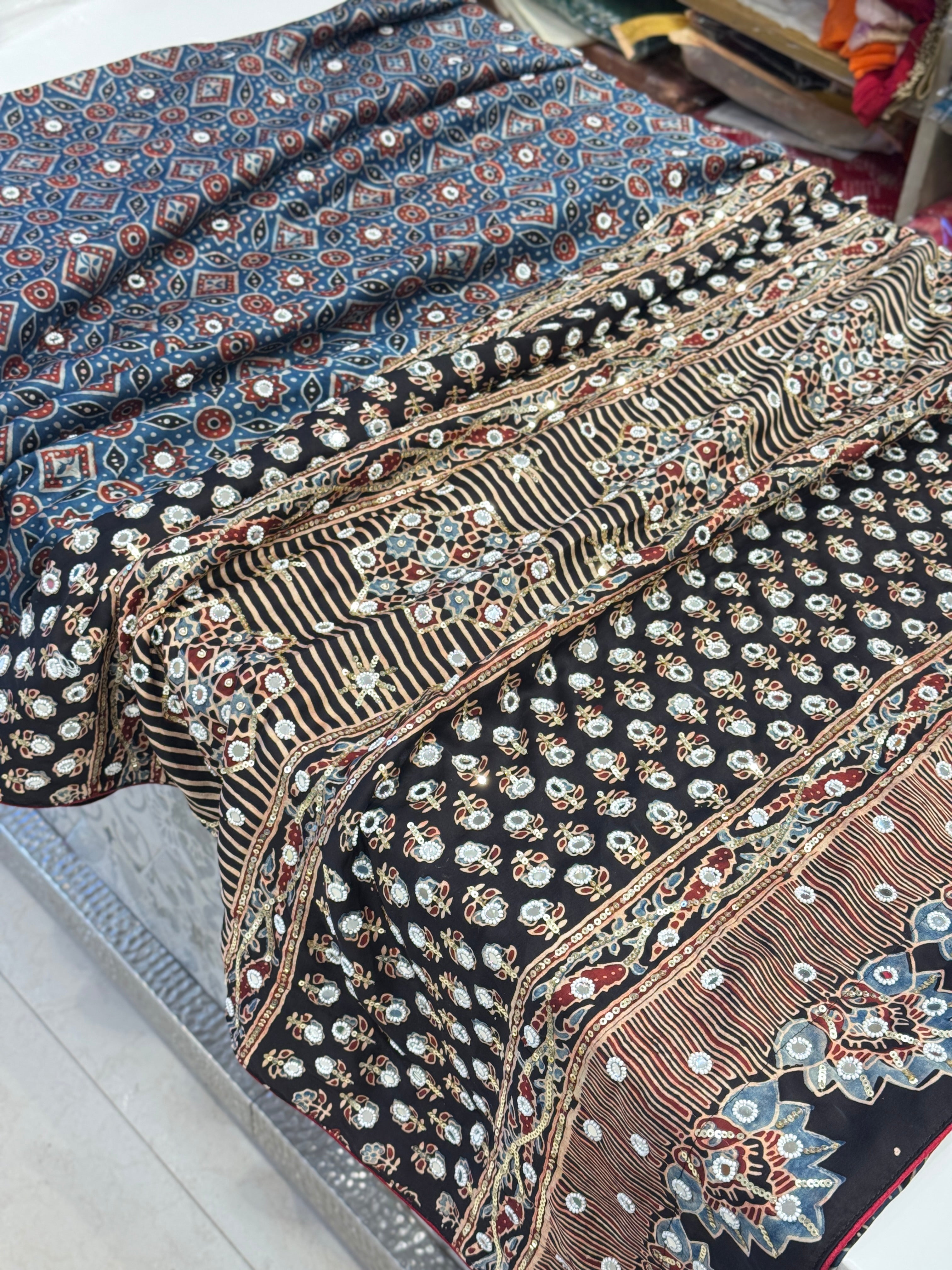 Blue Black Jaal Ajrakh Real Mirror Moti Sequin Hand Embroidery Saree