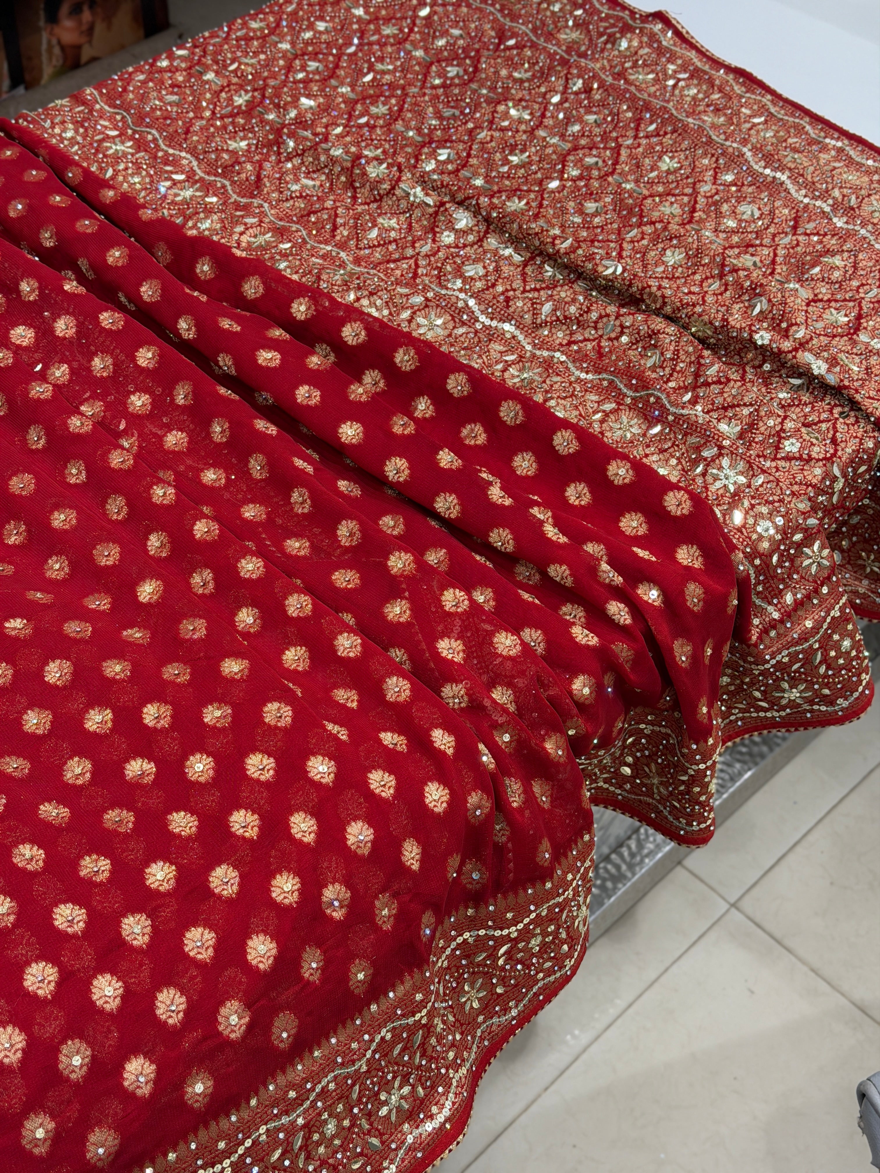 Red Banarasi Khaddi Georgette Butti Sequin Hand Embroidery Saree