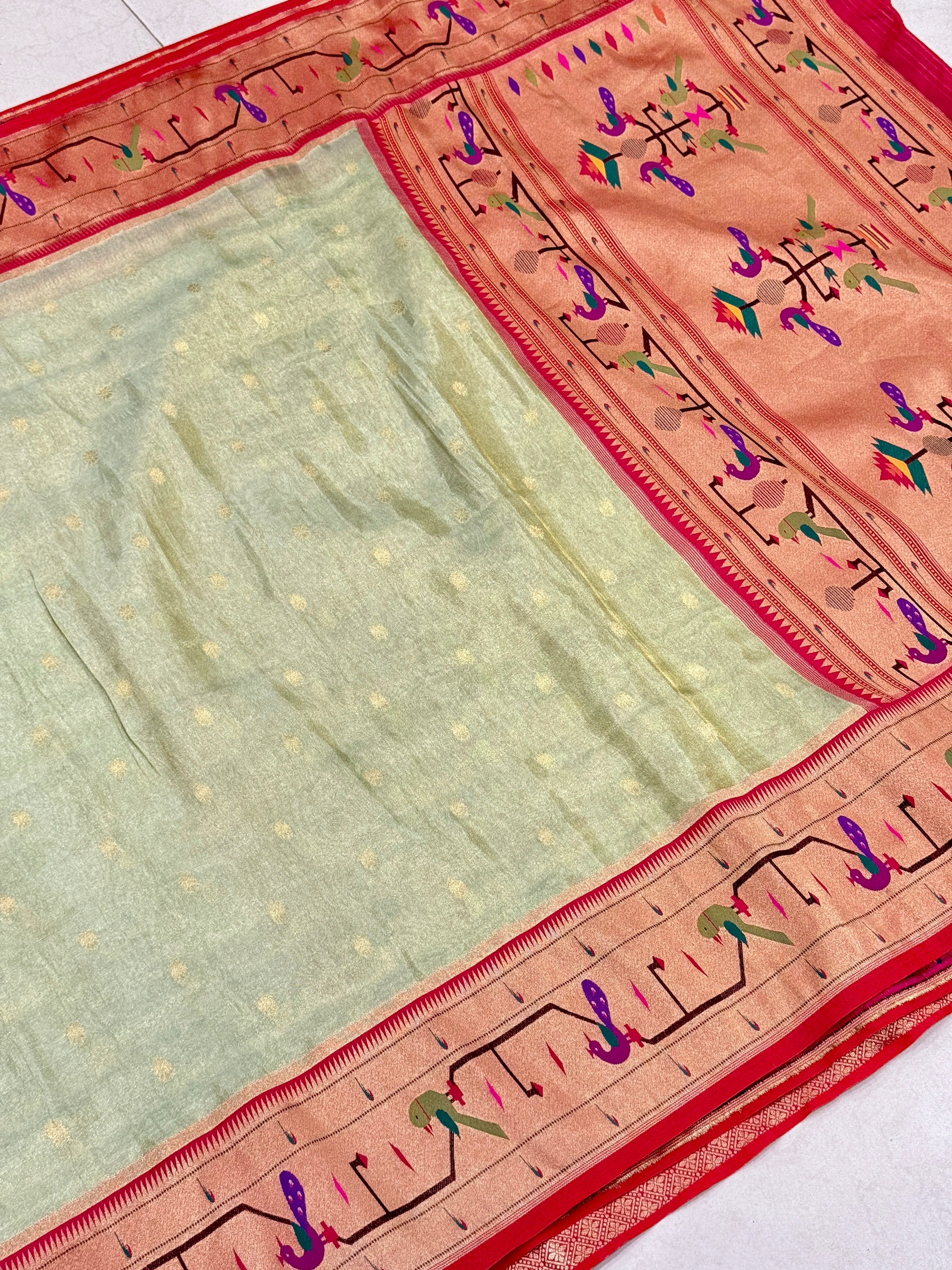 Pista Green Tissue Paithani Peacock Parrot Border Saree