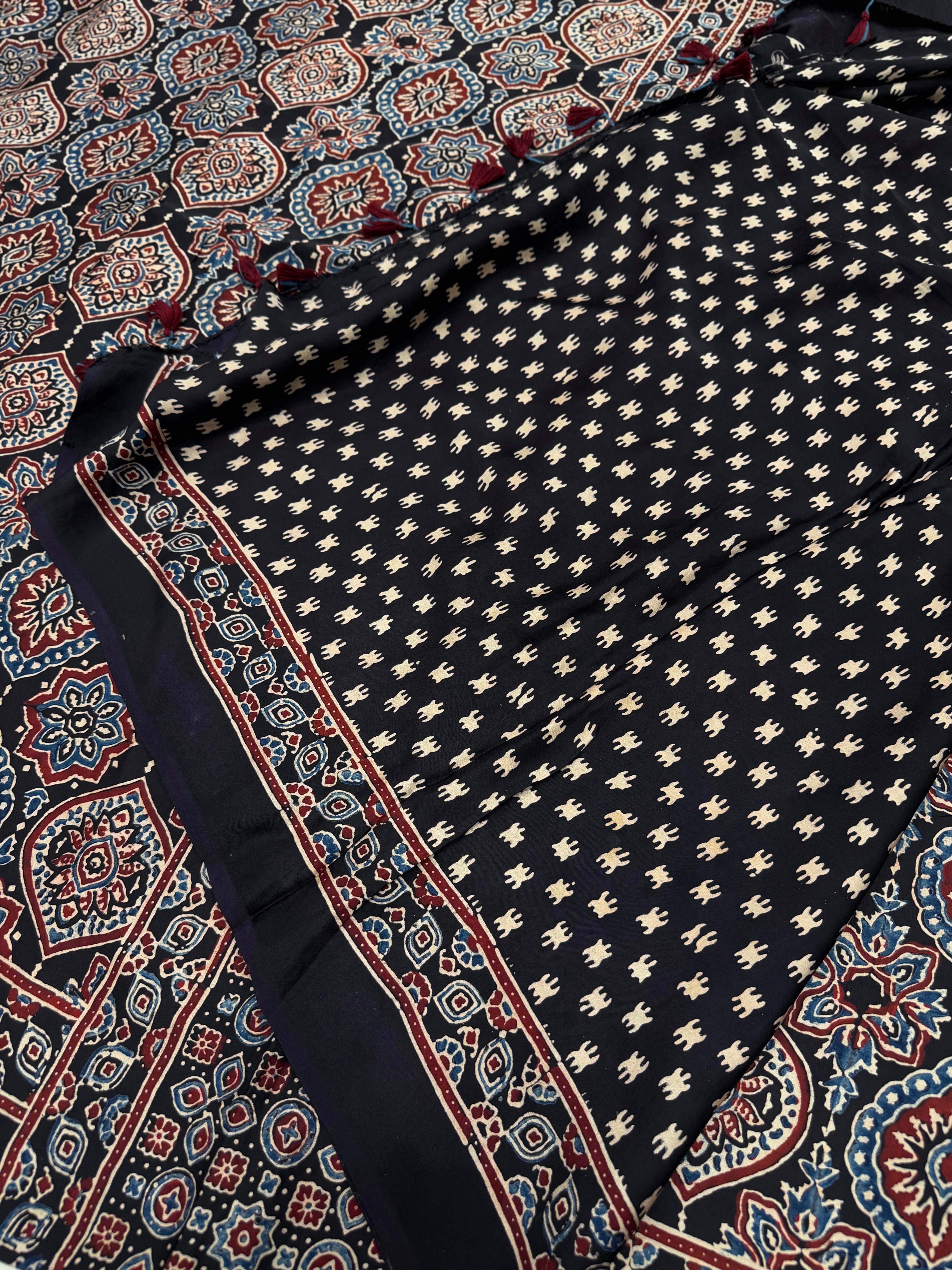 Black Badam Jaal Ajrakh Block Print Hand Pure Gajji Silk Saree