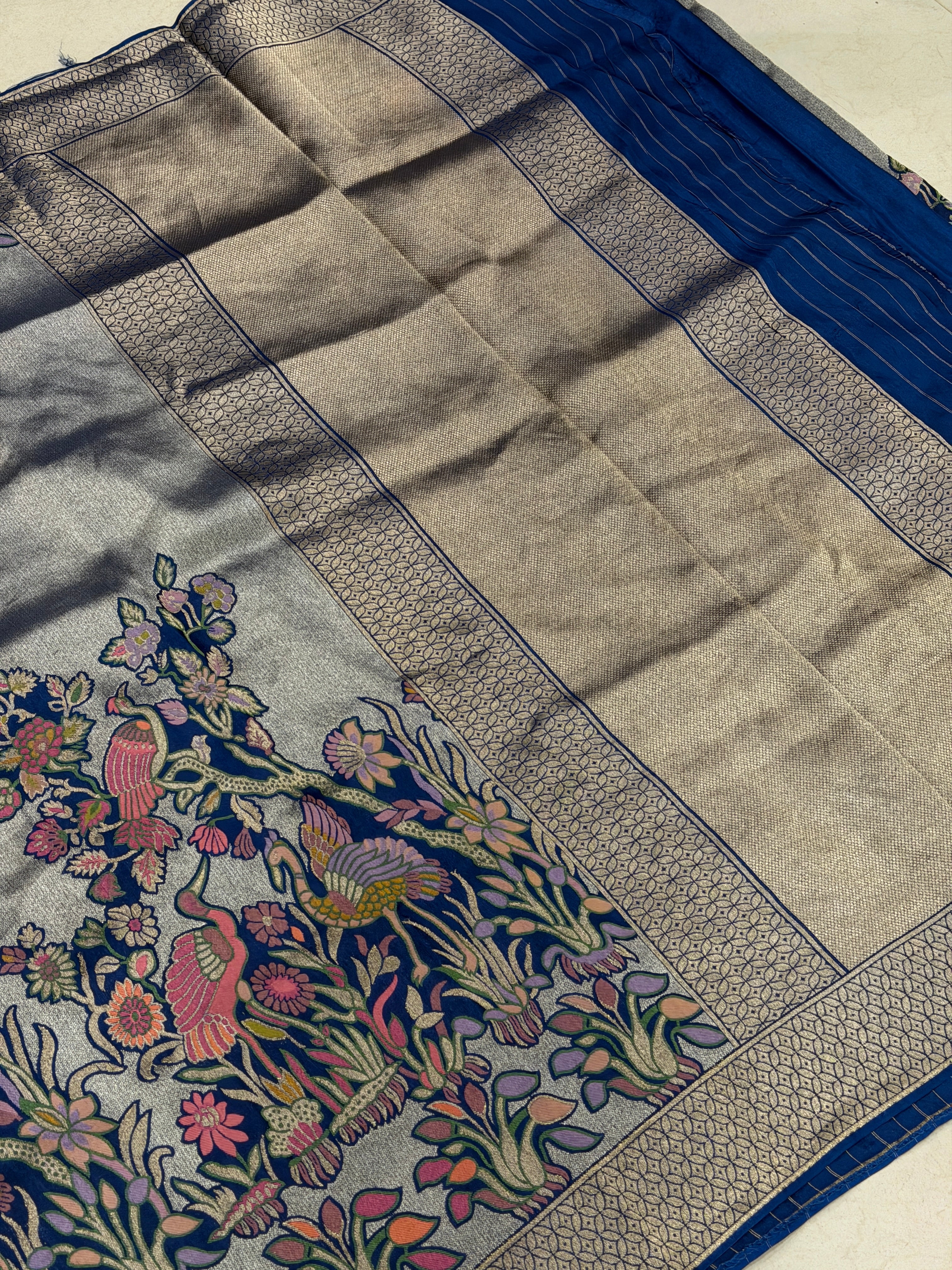Blue Parsi Gara Weaved Munga Tissue Saree