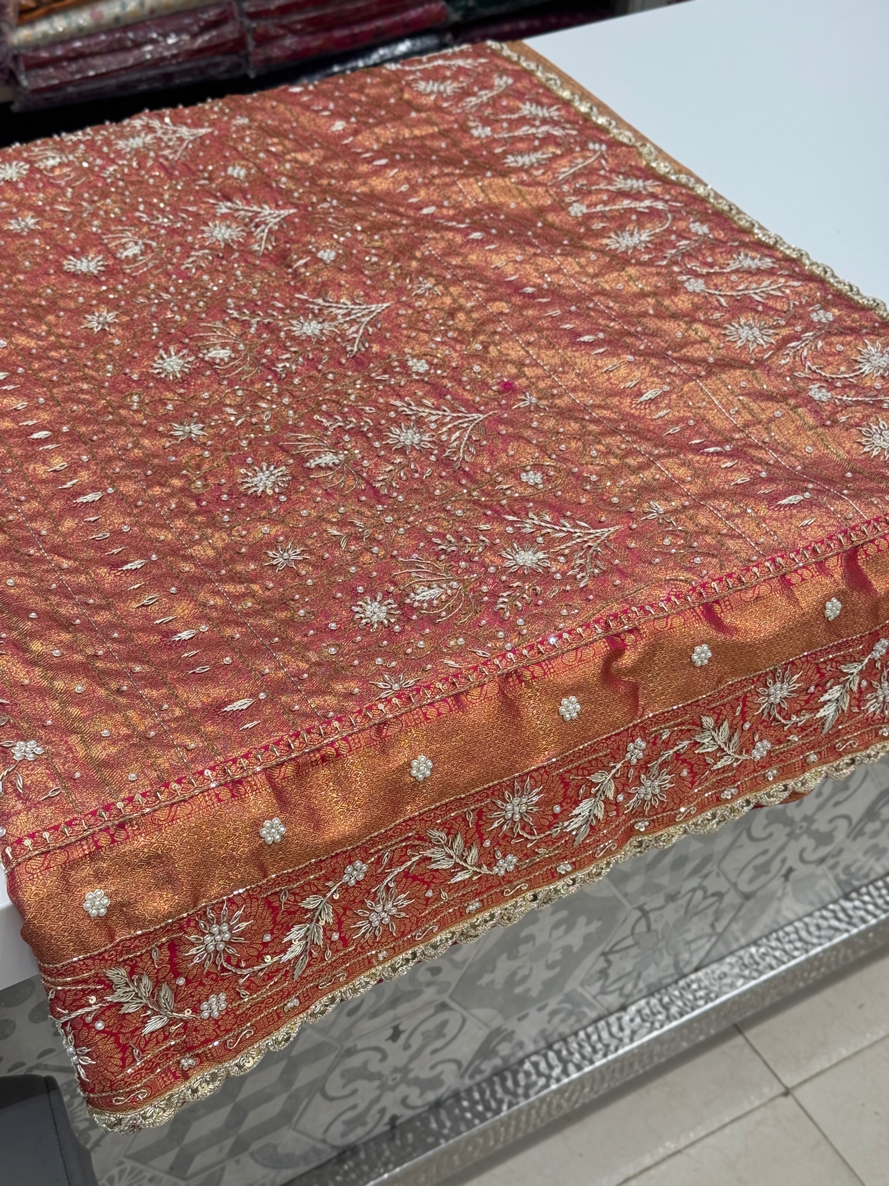 Peach Tissue Kanjivaram Hand Embroidery Saree