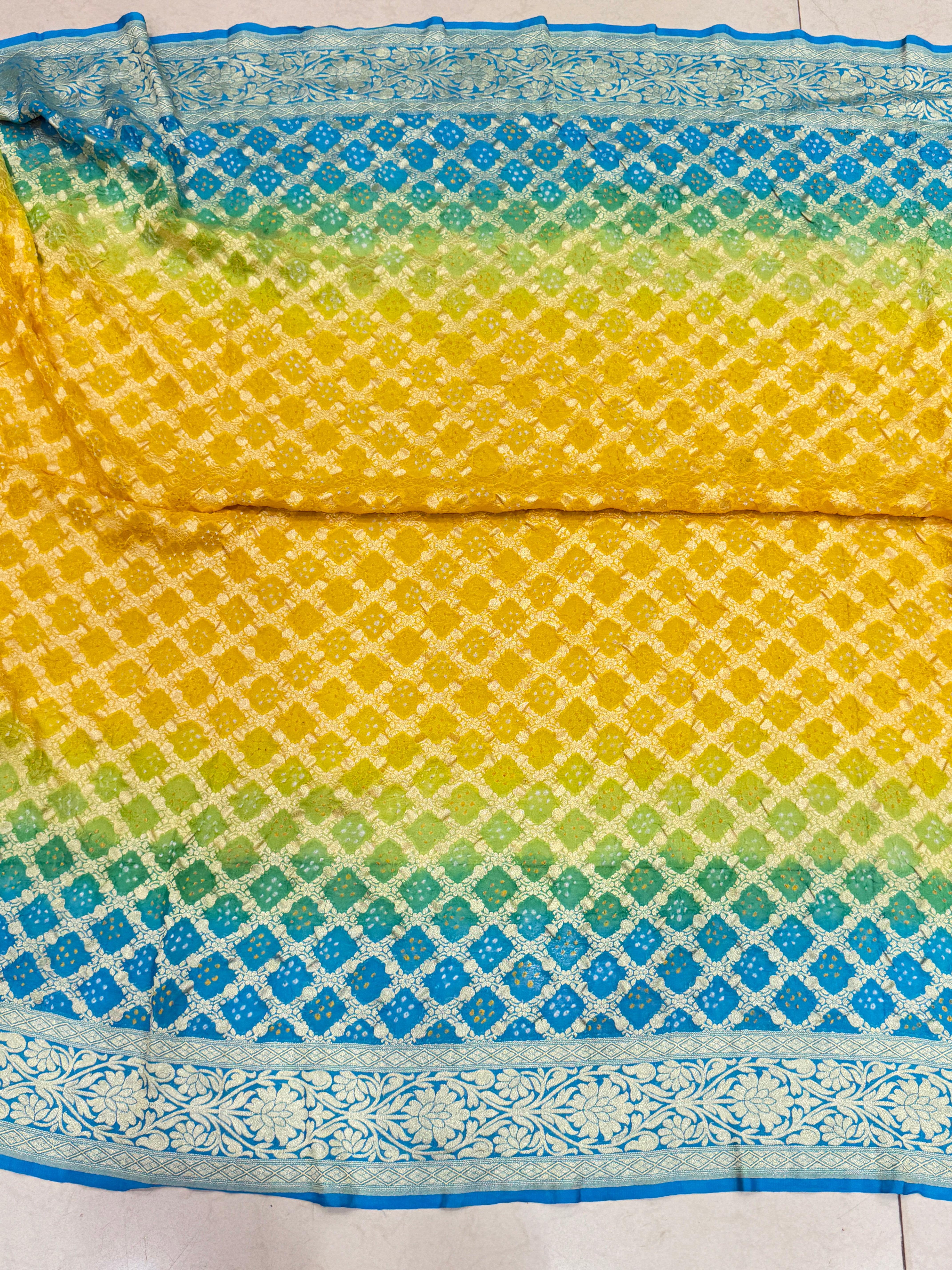 Rama Yellow Shaded Floral Border Bandhej Bandhini Saree