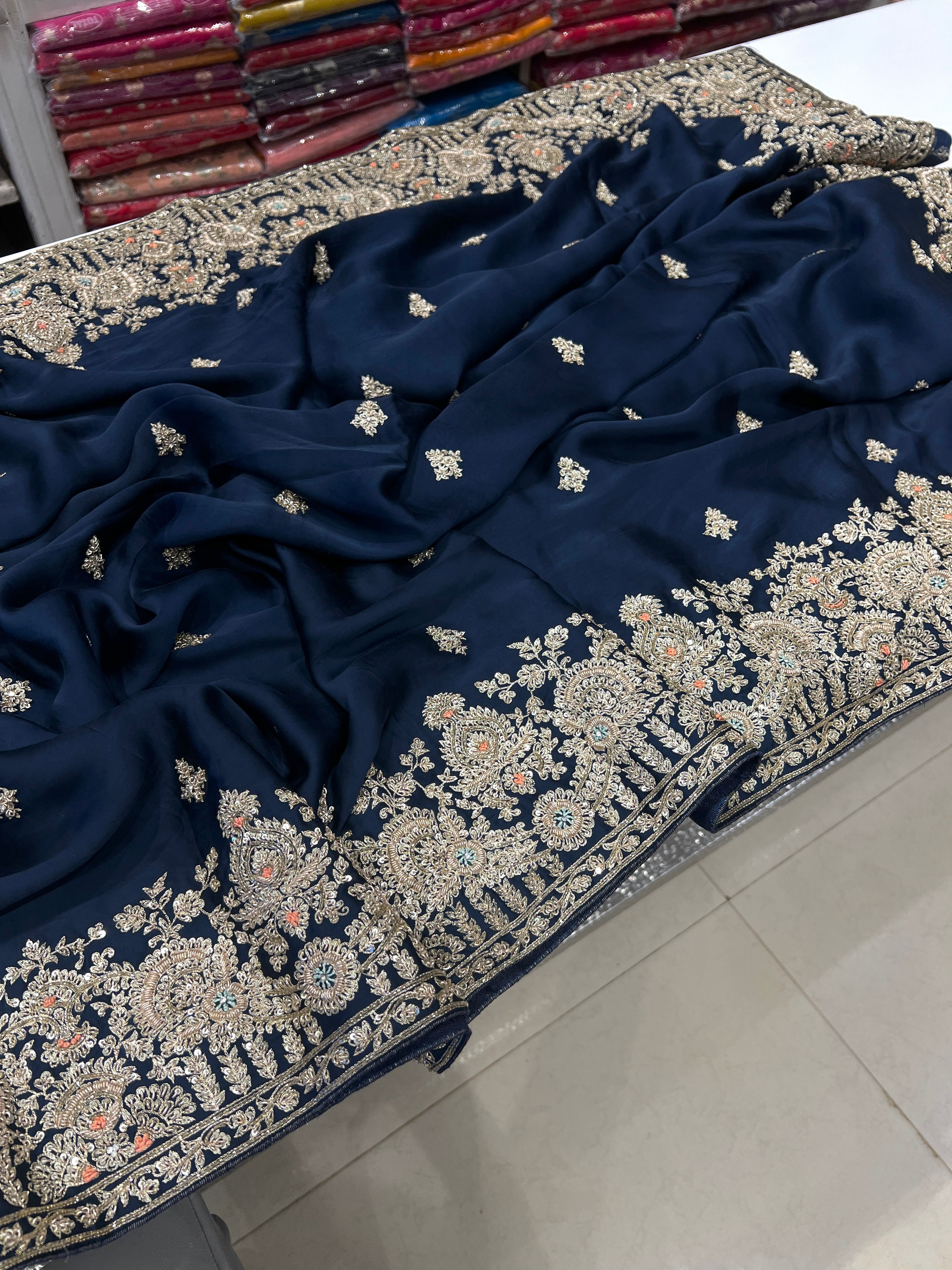 Navy Blue Satin Hand Embroidery Zardosi Saree