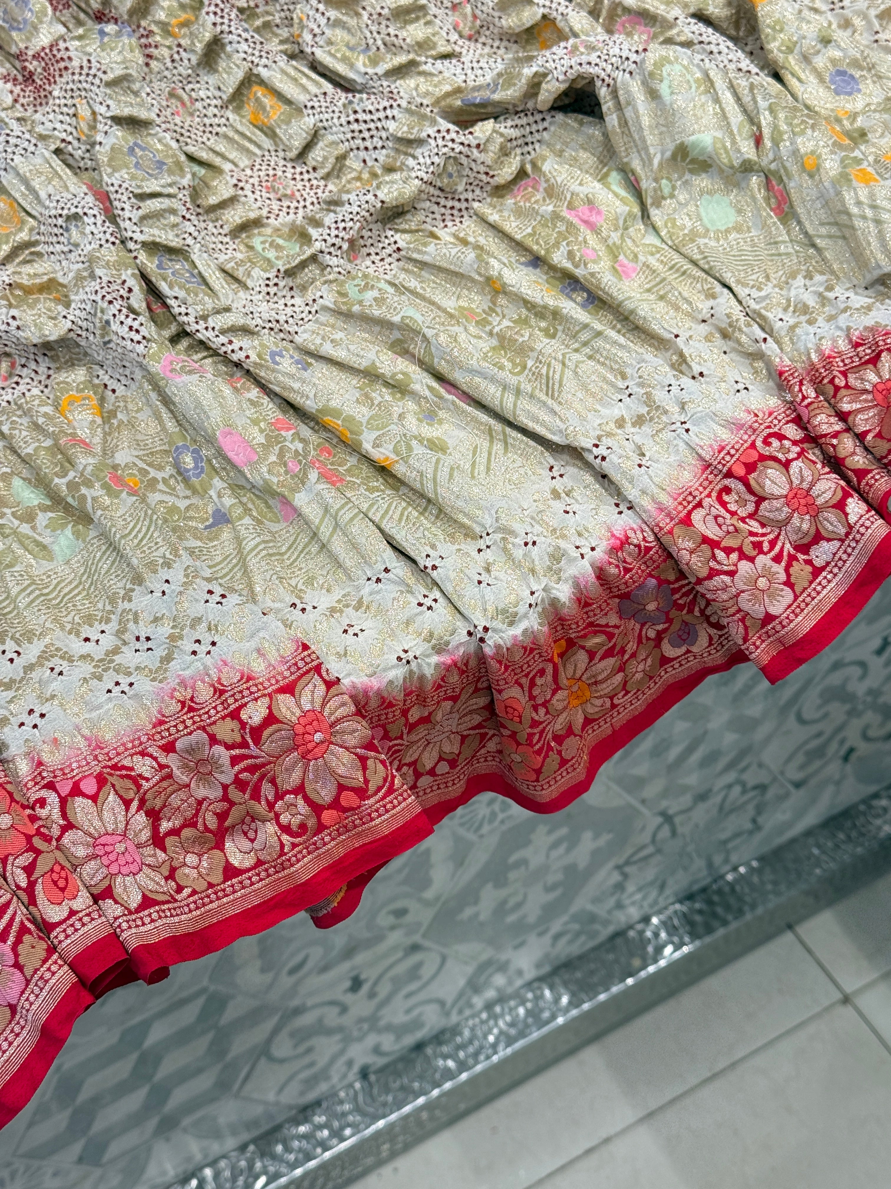 Beige Red Checks Meenakari Handloom Bandhej Dupatta