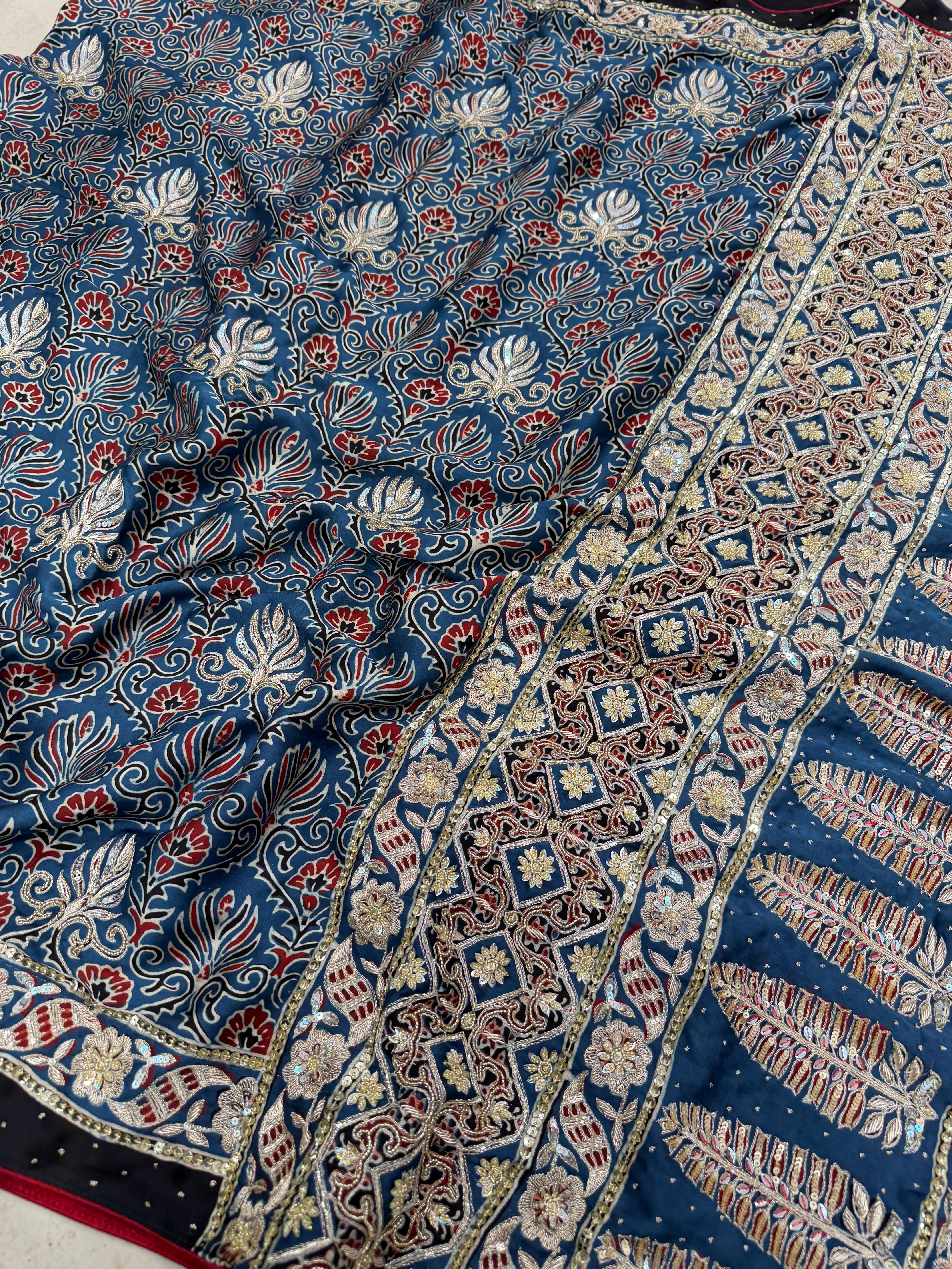 Blue Floral Butta Pita Sequin Ajrakh Hand Embroidery Saree