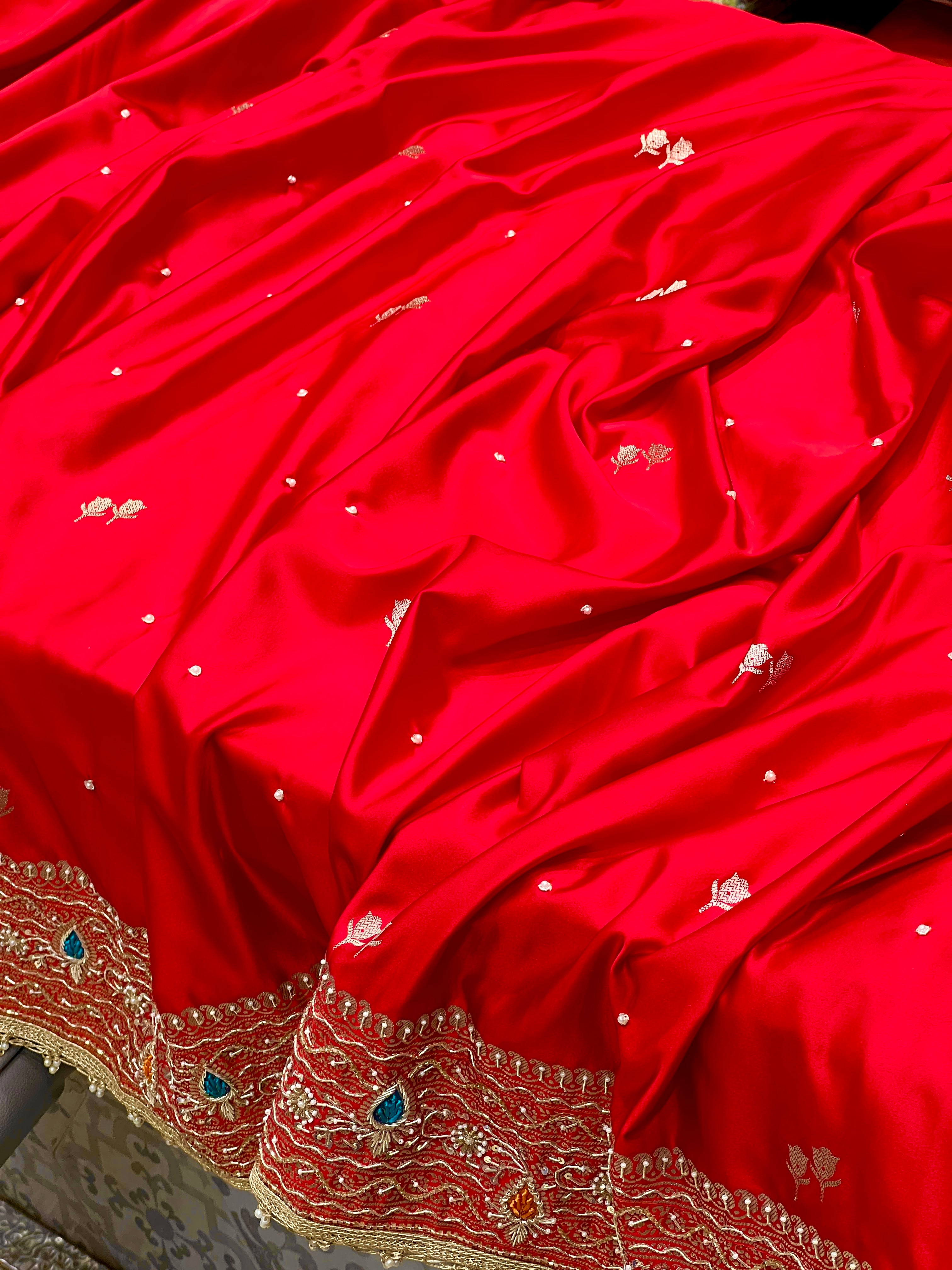 Red Banarasi Meena Resham Hand Embroidery Saree