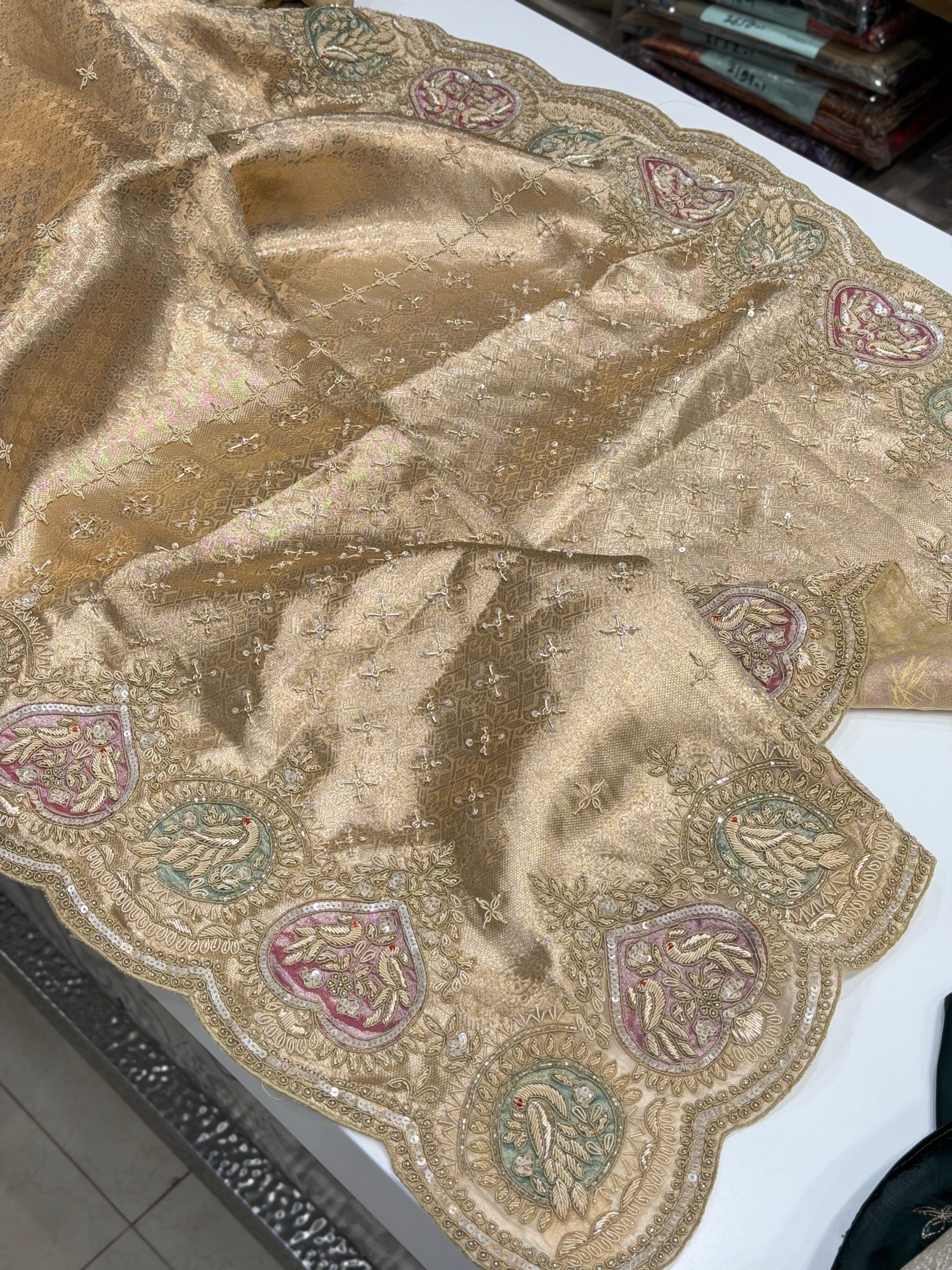 Golden Tissue Kanjivaram Zardosi Patch Work Hand Embroidery Saree