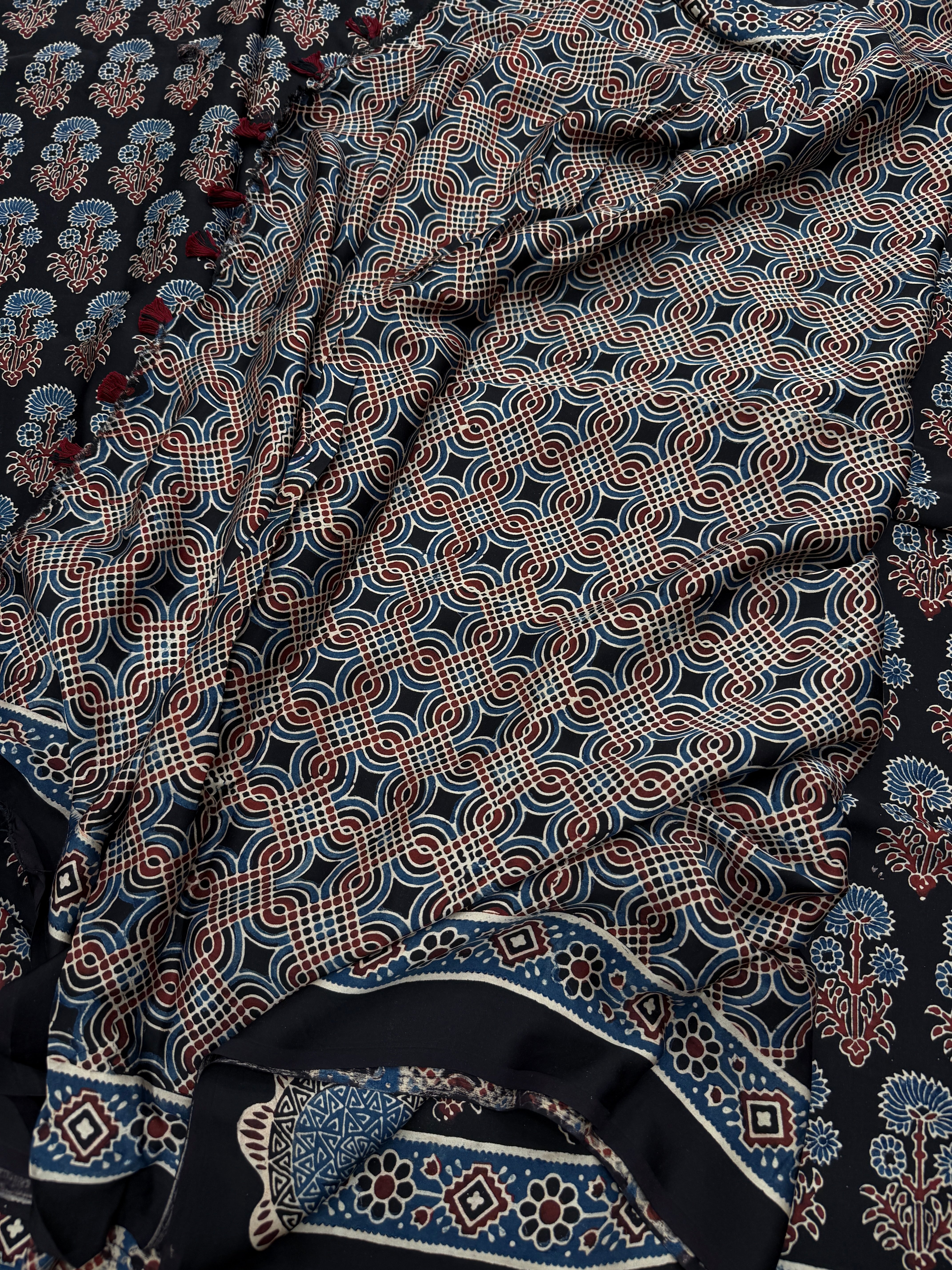 Black Floral Butta Ajrakh Hand Block Print Pure Gajji Silk Saree