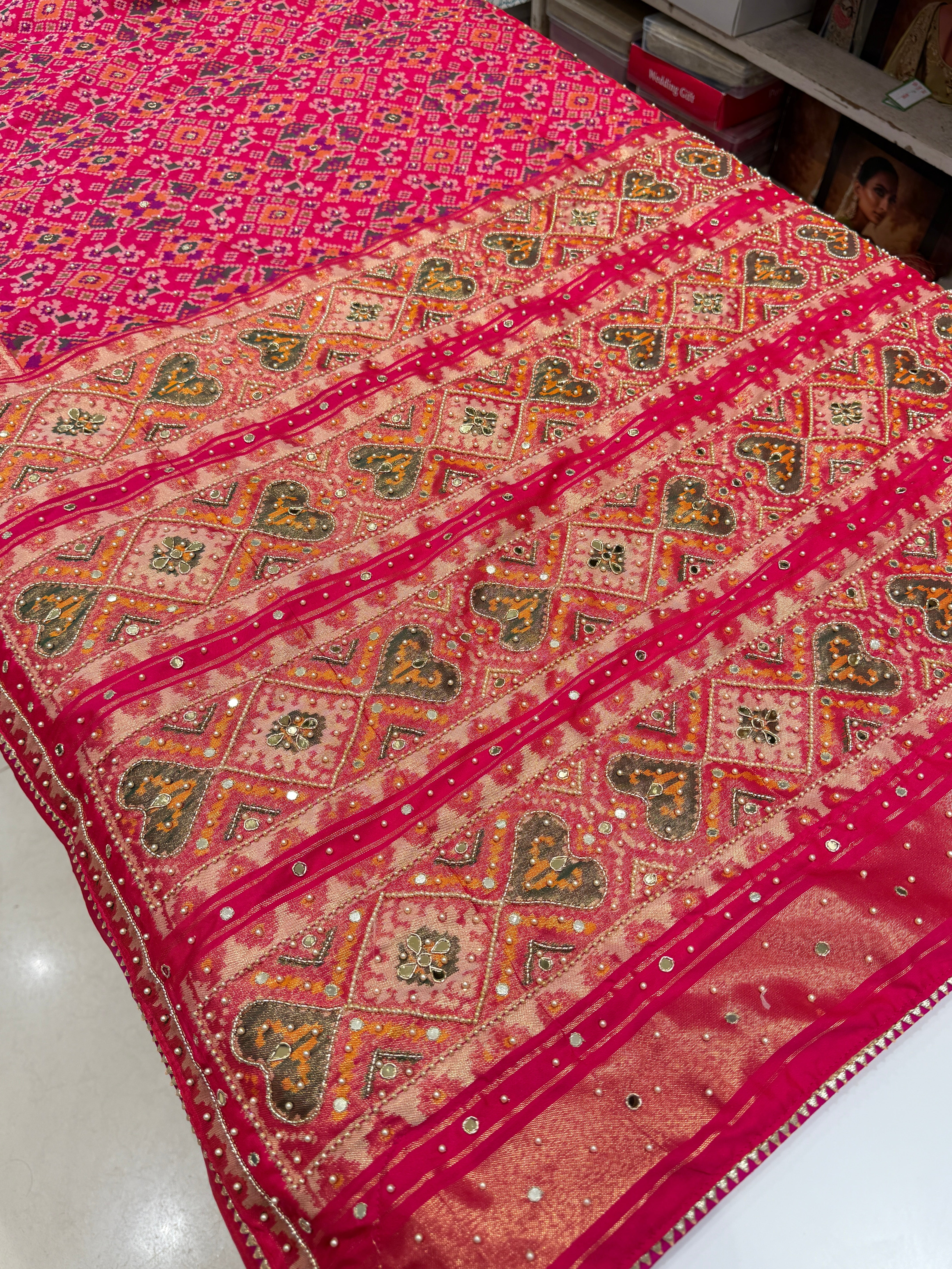 Rani Patola Moti Kutchi Embroidered Saree