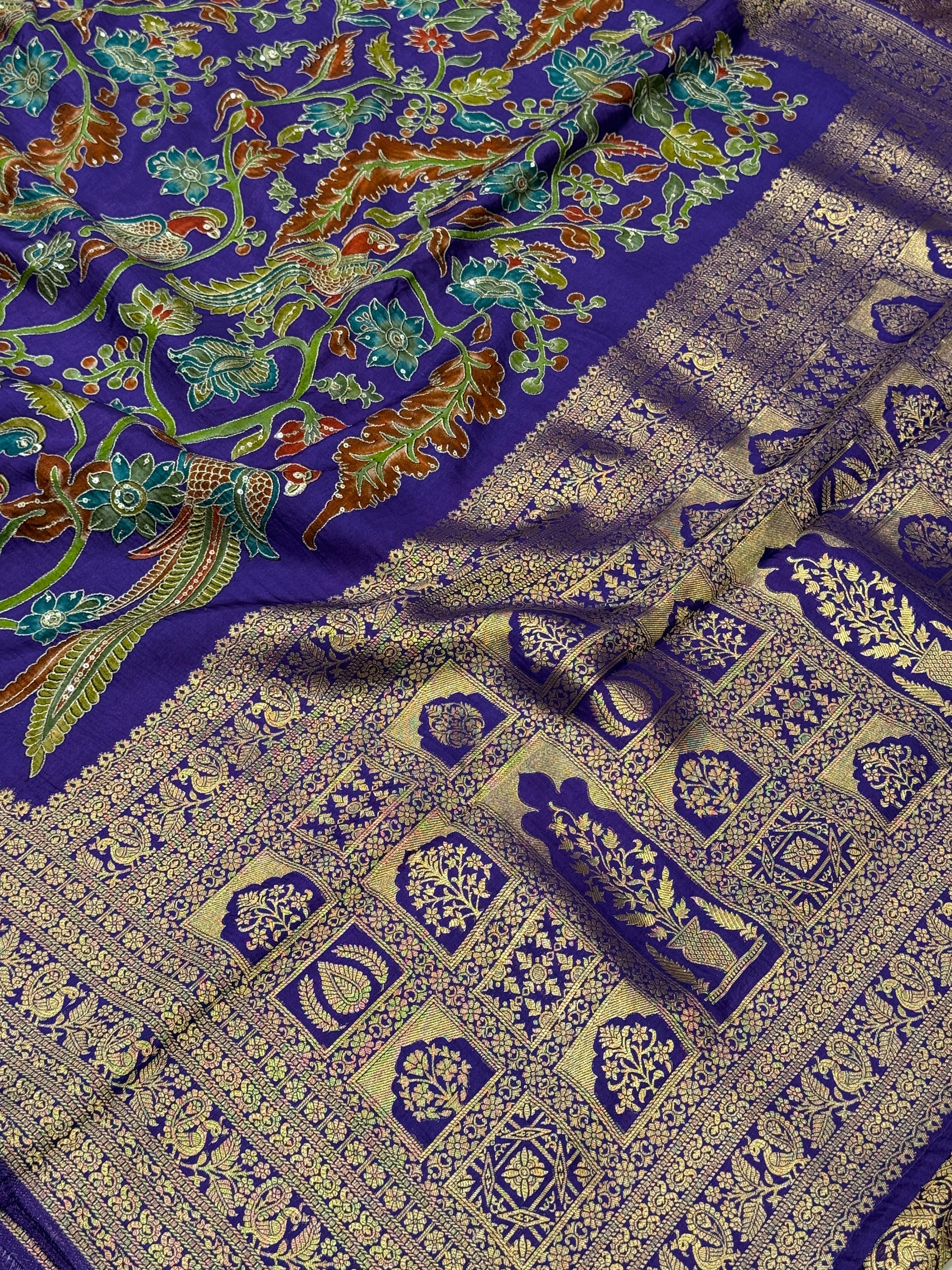 Violet Kalamkari Weave Banarasi Munga Pita Embroidery Saree