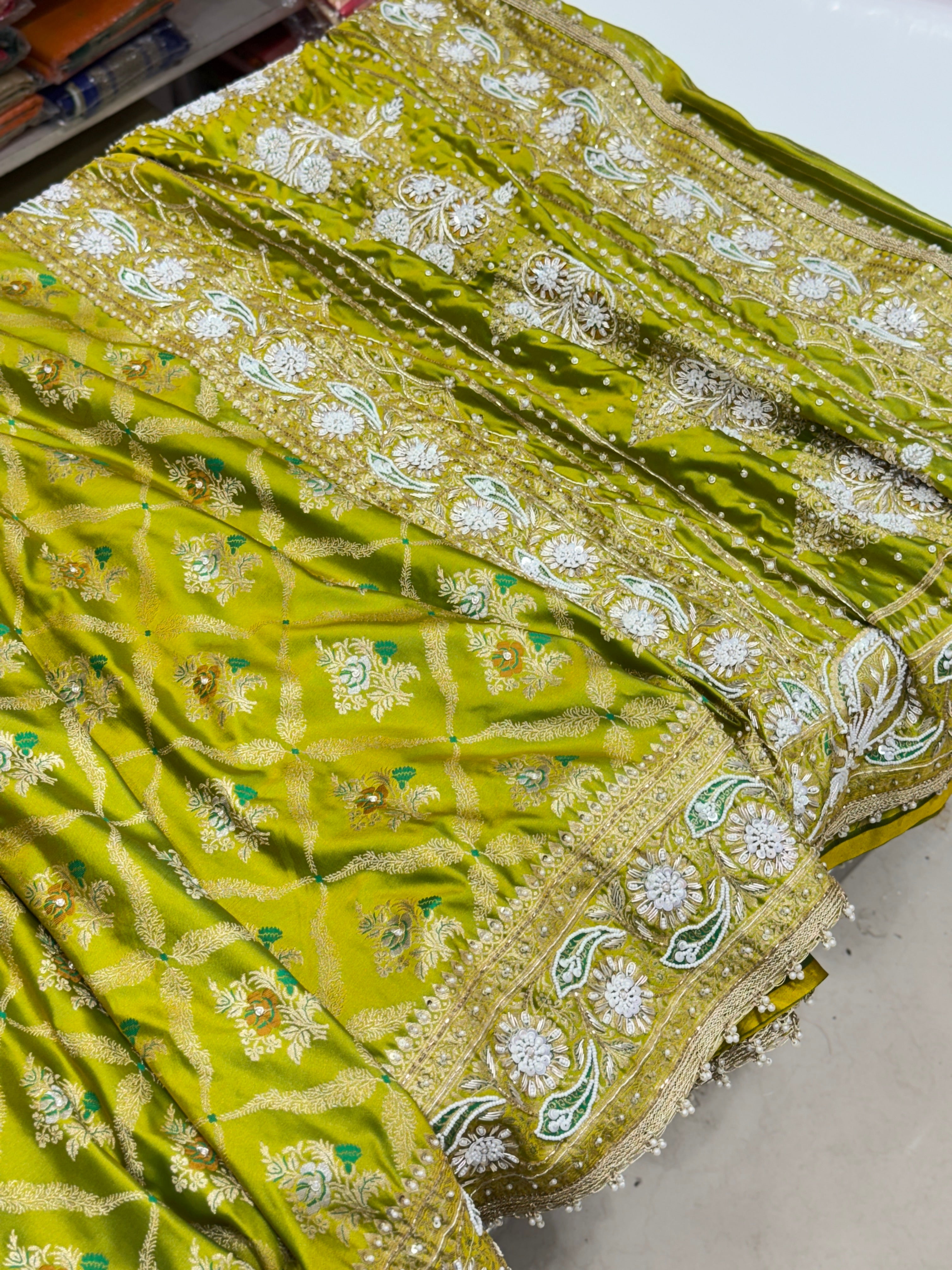 Green Banarasi With Moti Hand Embroidery Saree