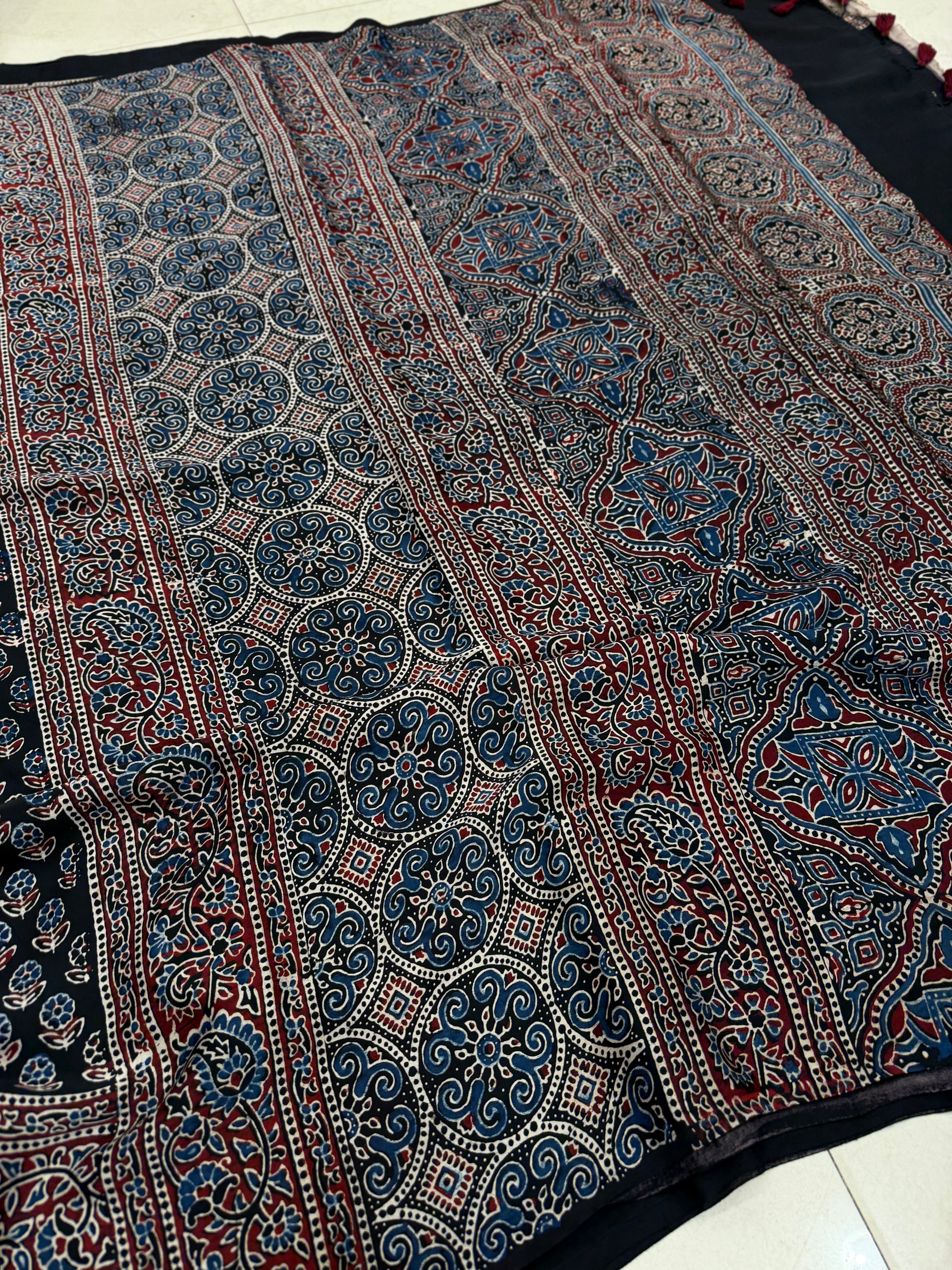 Black Small Flower Buttis Ajrakh Hand Block Print Pure Modal Silk Saree