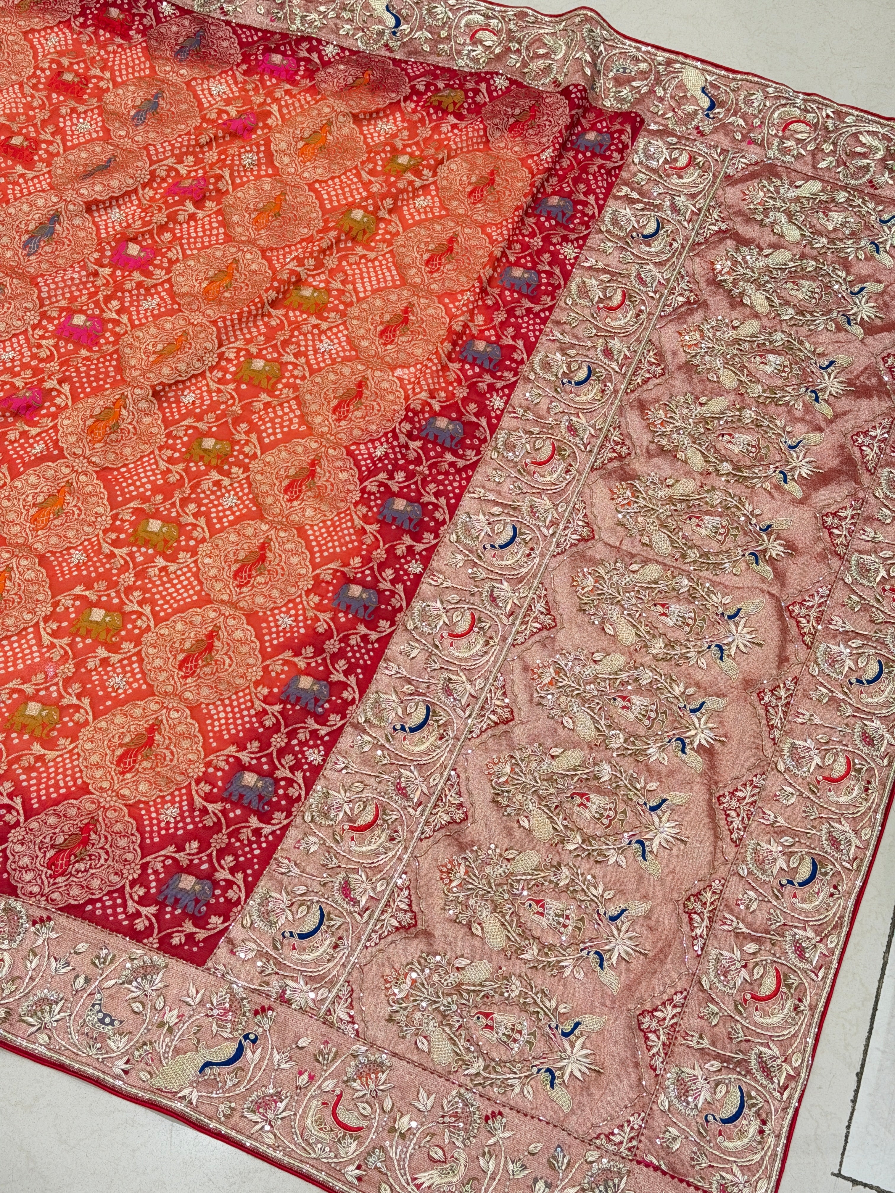Shaded Meenakari Bandhej Zardosi Mor Hathi Jaal Saree