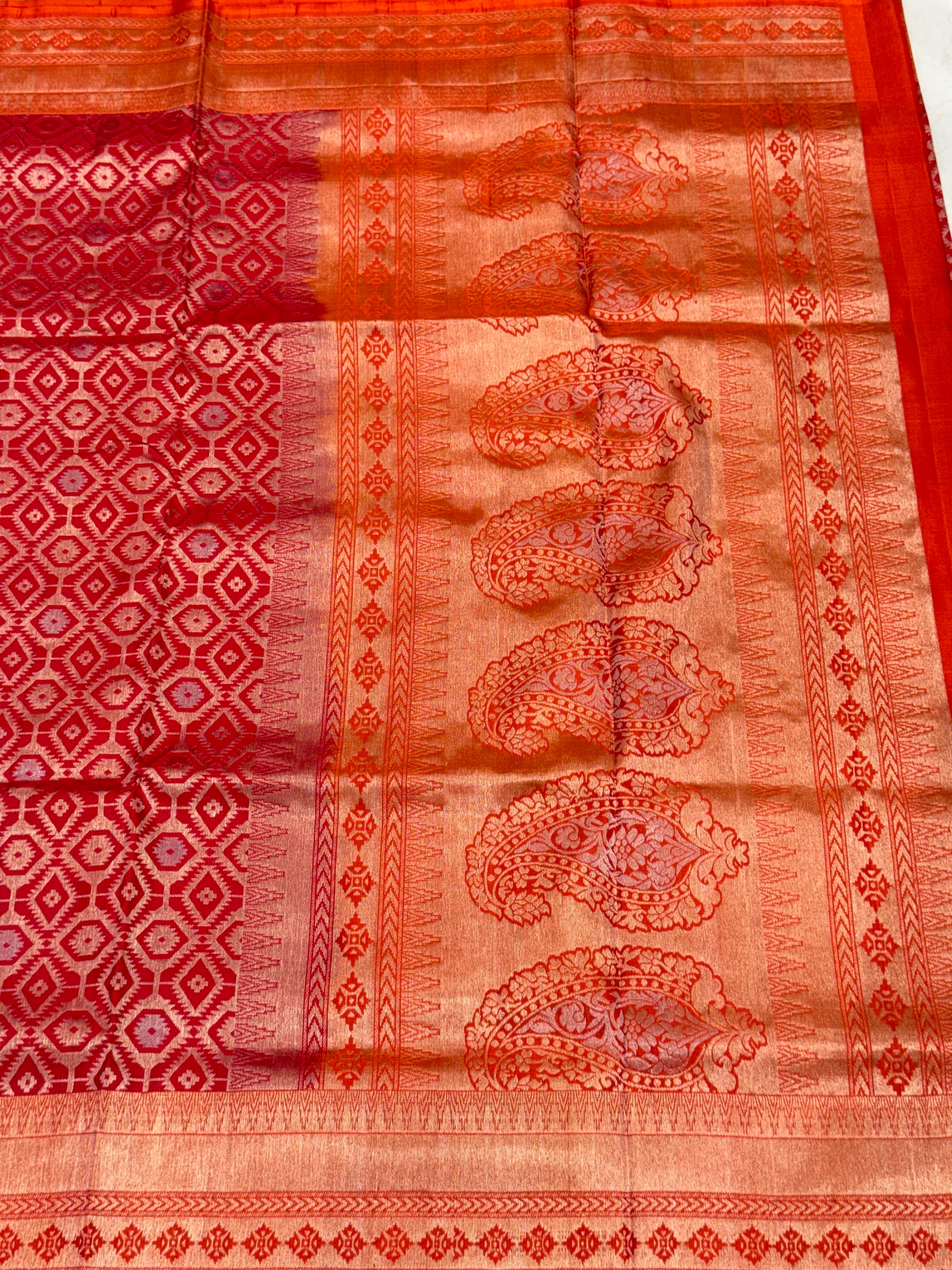 Red Orange Patola Design Inspired Handloom Kanchipuram Pure Silk Saree