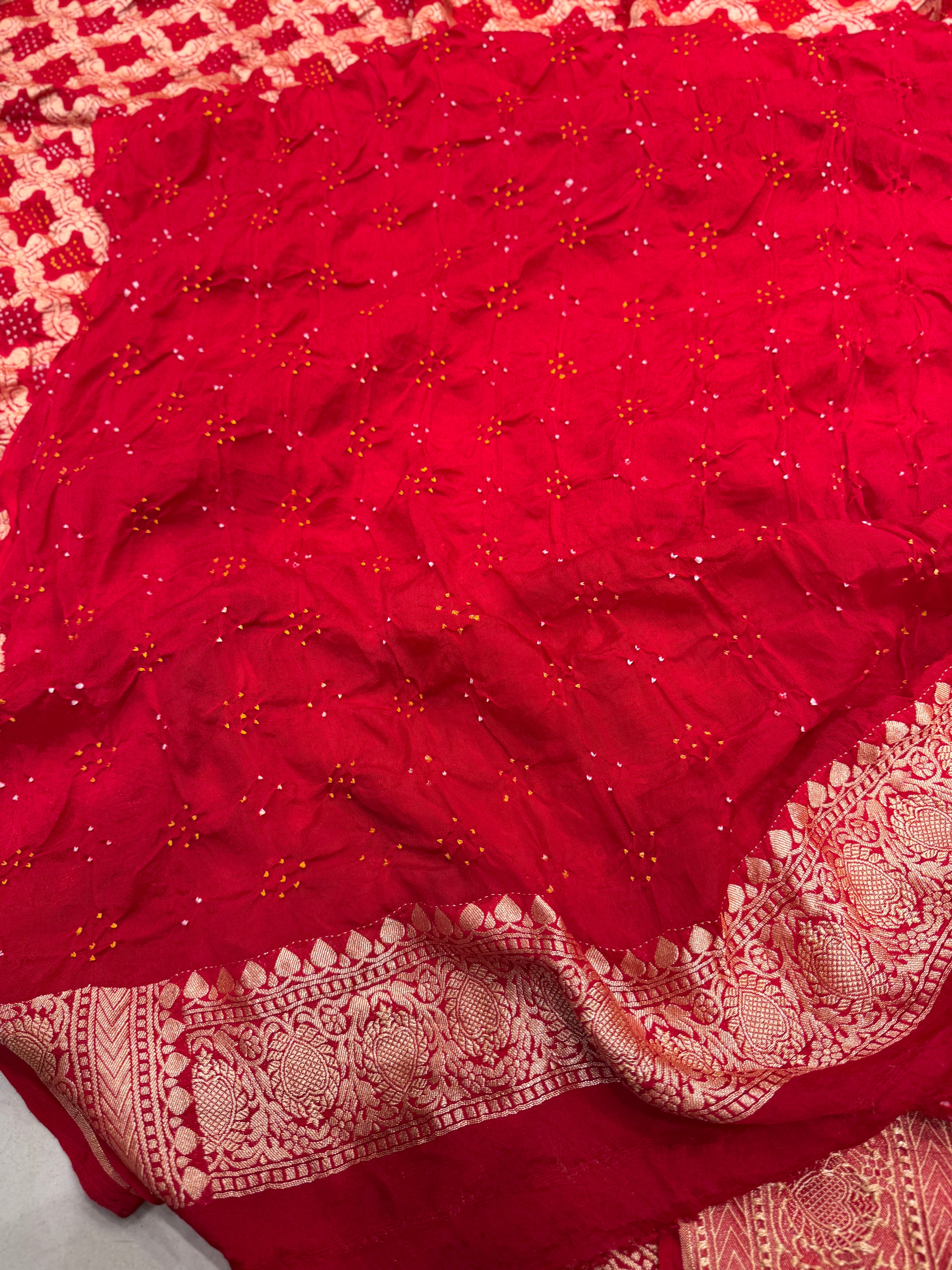 Red Heart Border Georgette Handloom Bandhej Bandhini Saree