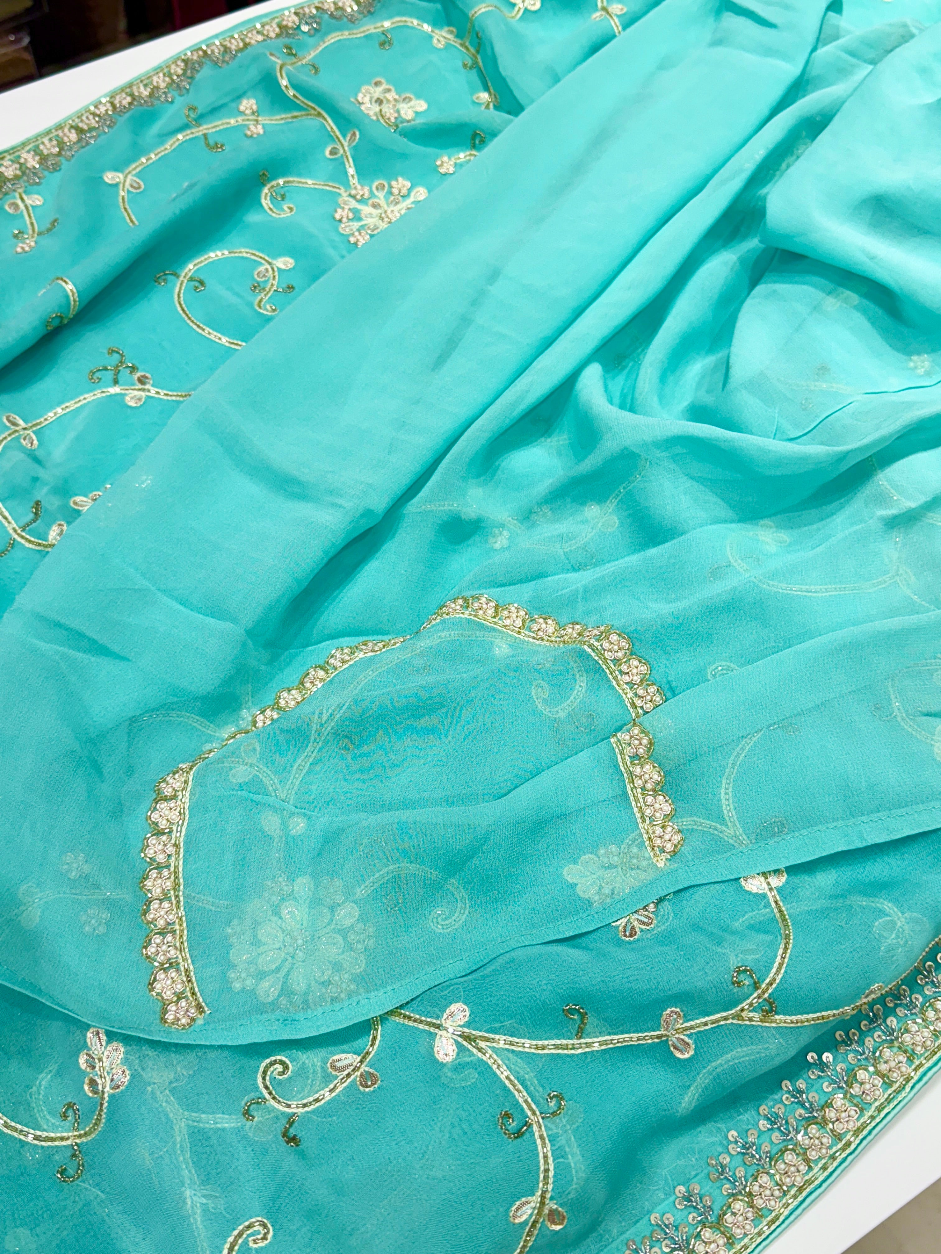 Sea Blue Georgette Gotapatti Jaal Saree