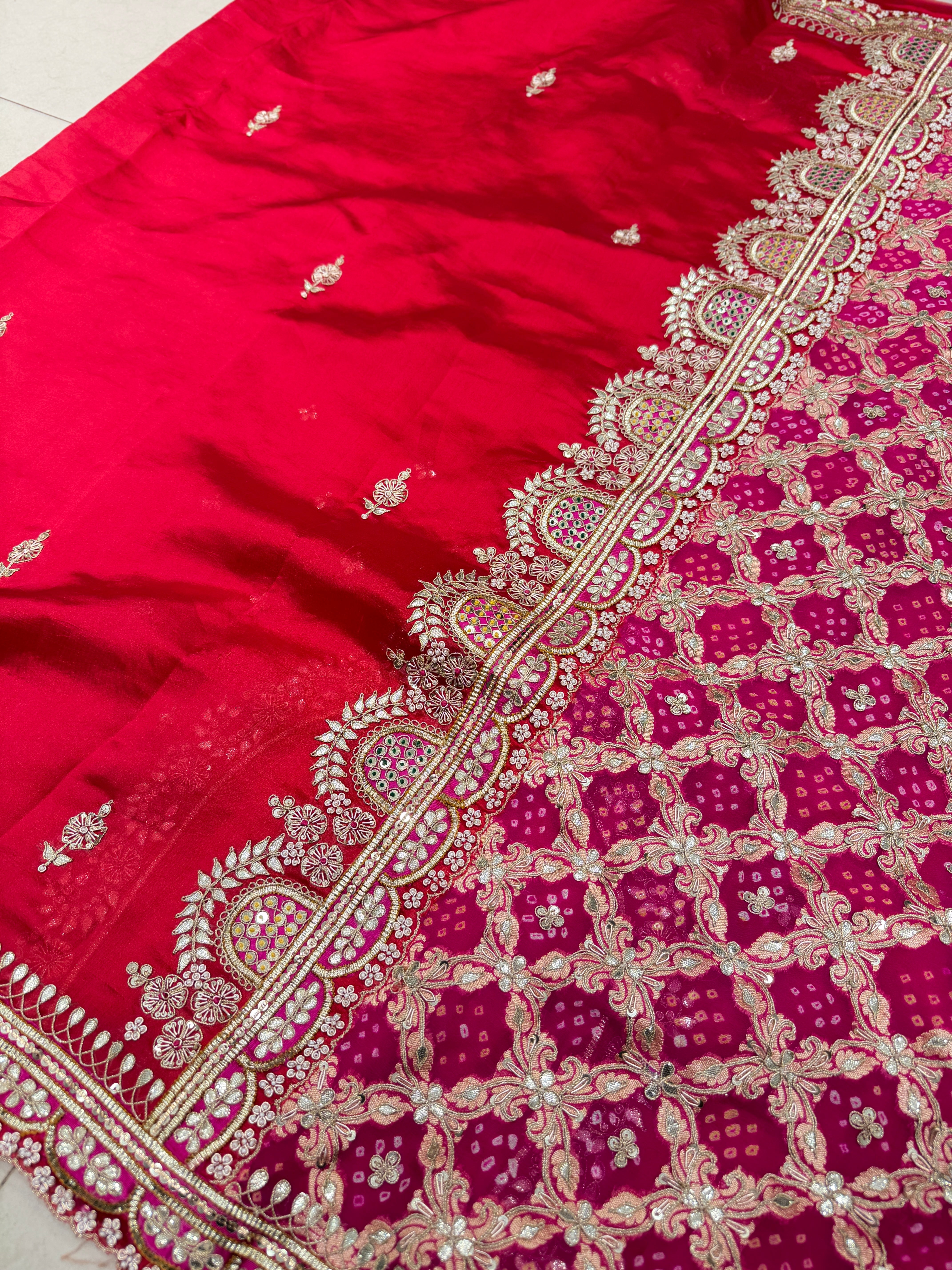 Red with Rani Pink Pure Silk Bandhej Marodi Hand Embroidery Saree