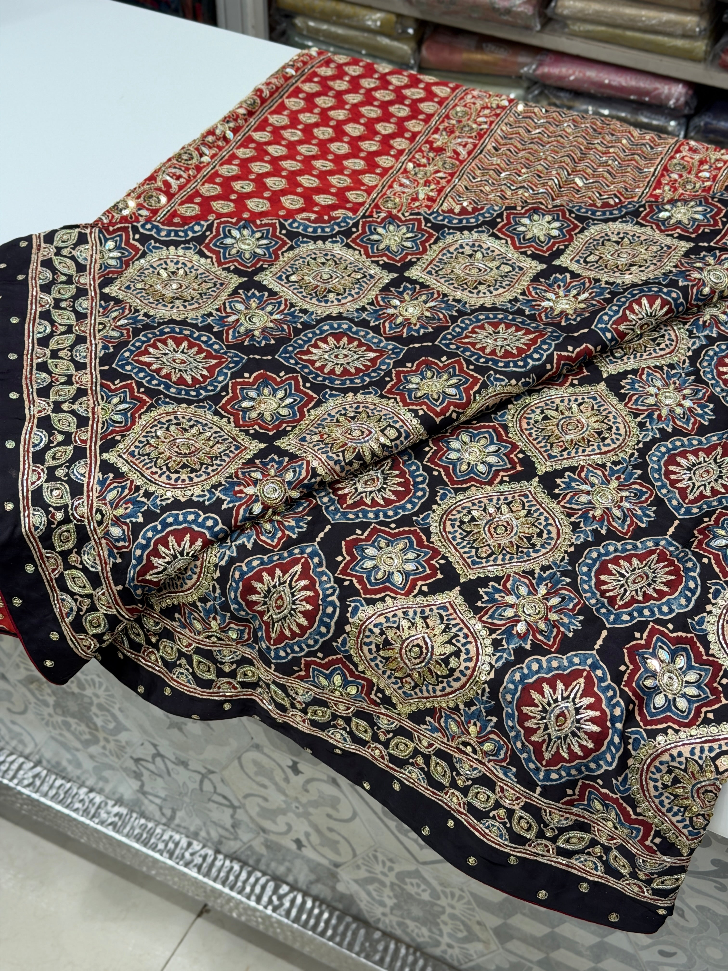 Black Red Badam Butti Zardosi Pita Sequin Ajrakh Hand Embroidery Saree