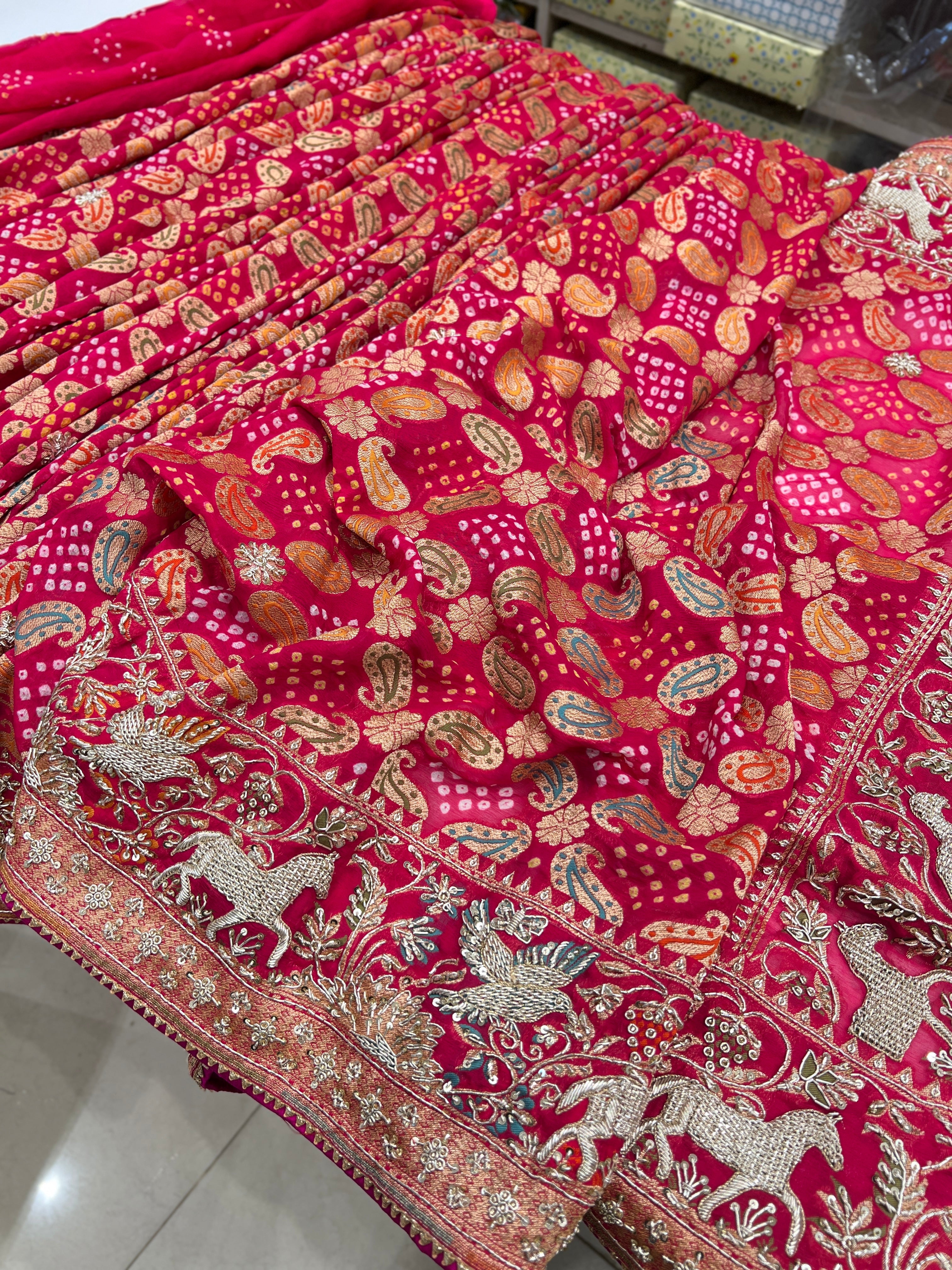 Pinkish Red Bandhej Meenakari Zardozi Saree