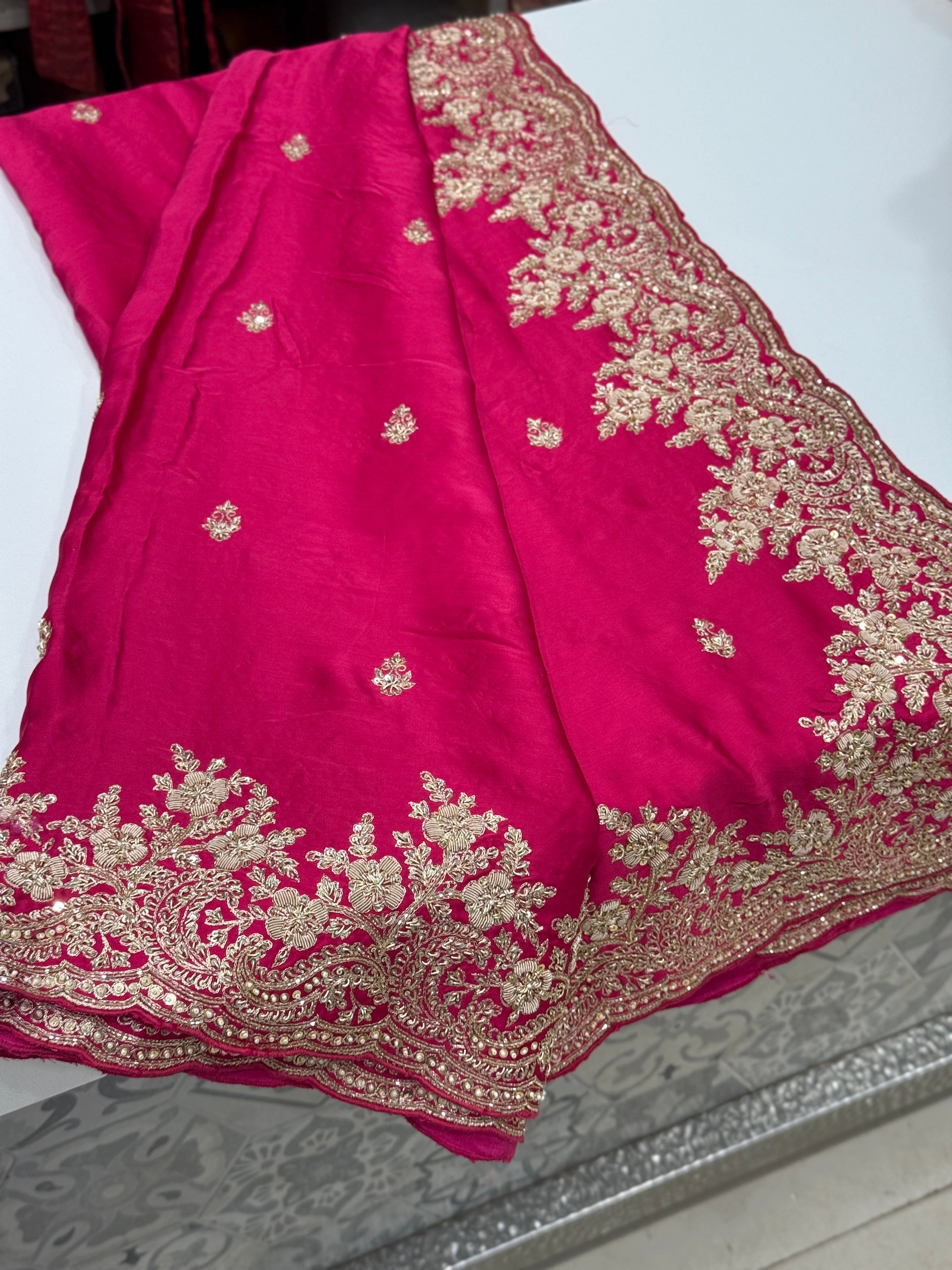 Rani Pink Buttis Satin Hand Embroidery Zardosi Saree
