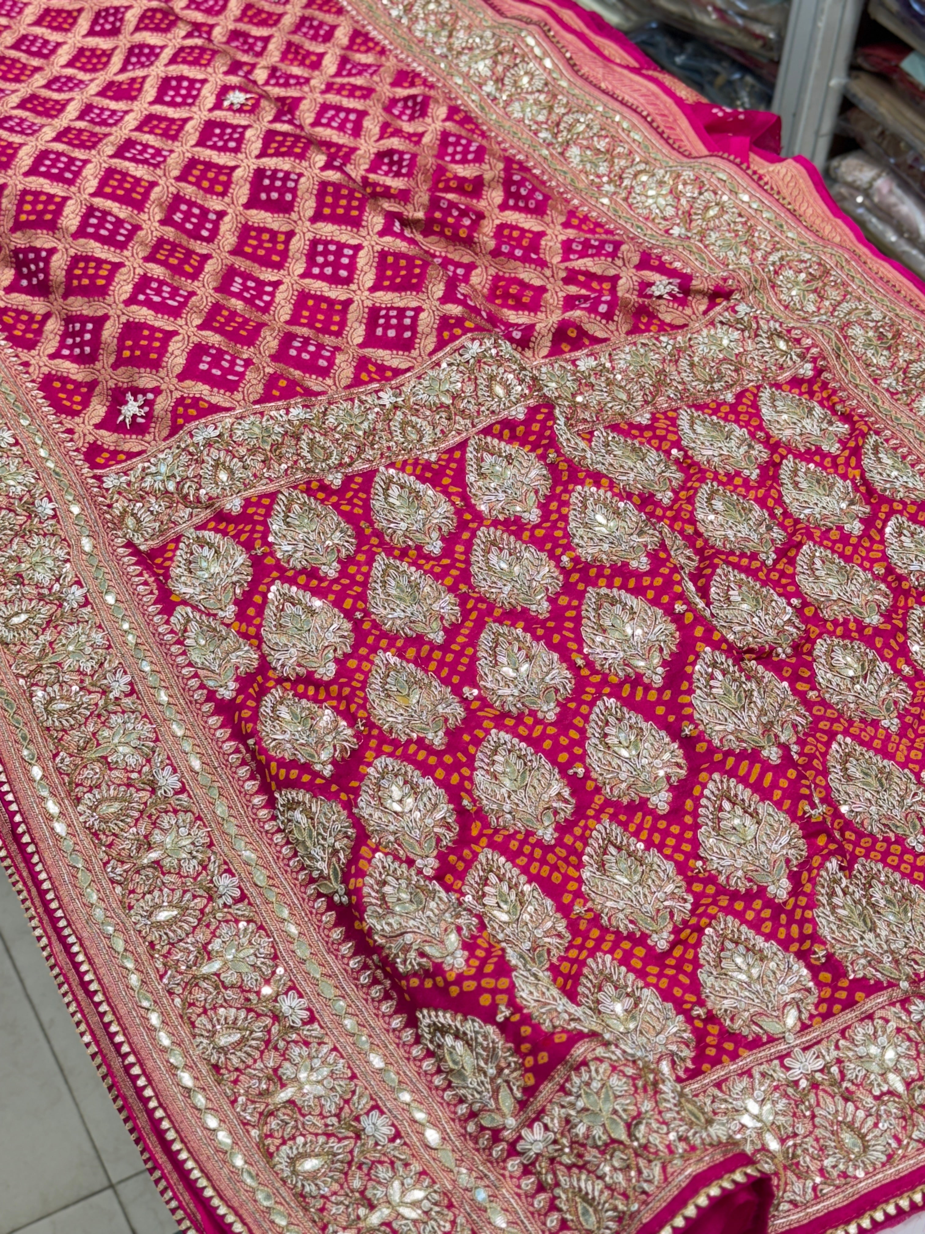 Rani Bandhej Zardosi Embroidery Saree