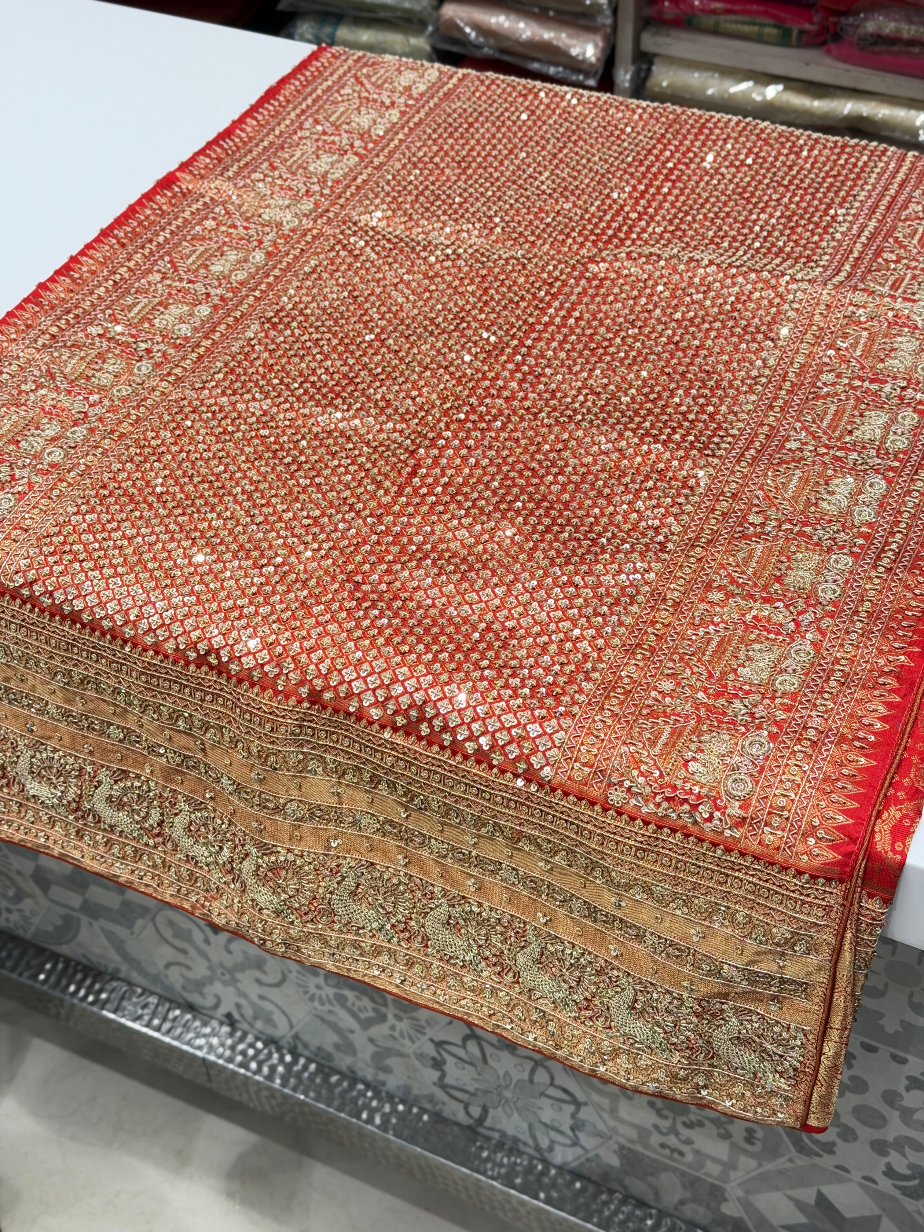 Red Kanjivaram Peacock Motif Hand Embroidery Zardosi Saree