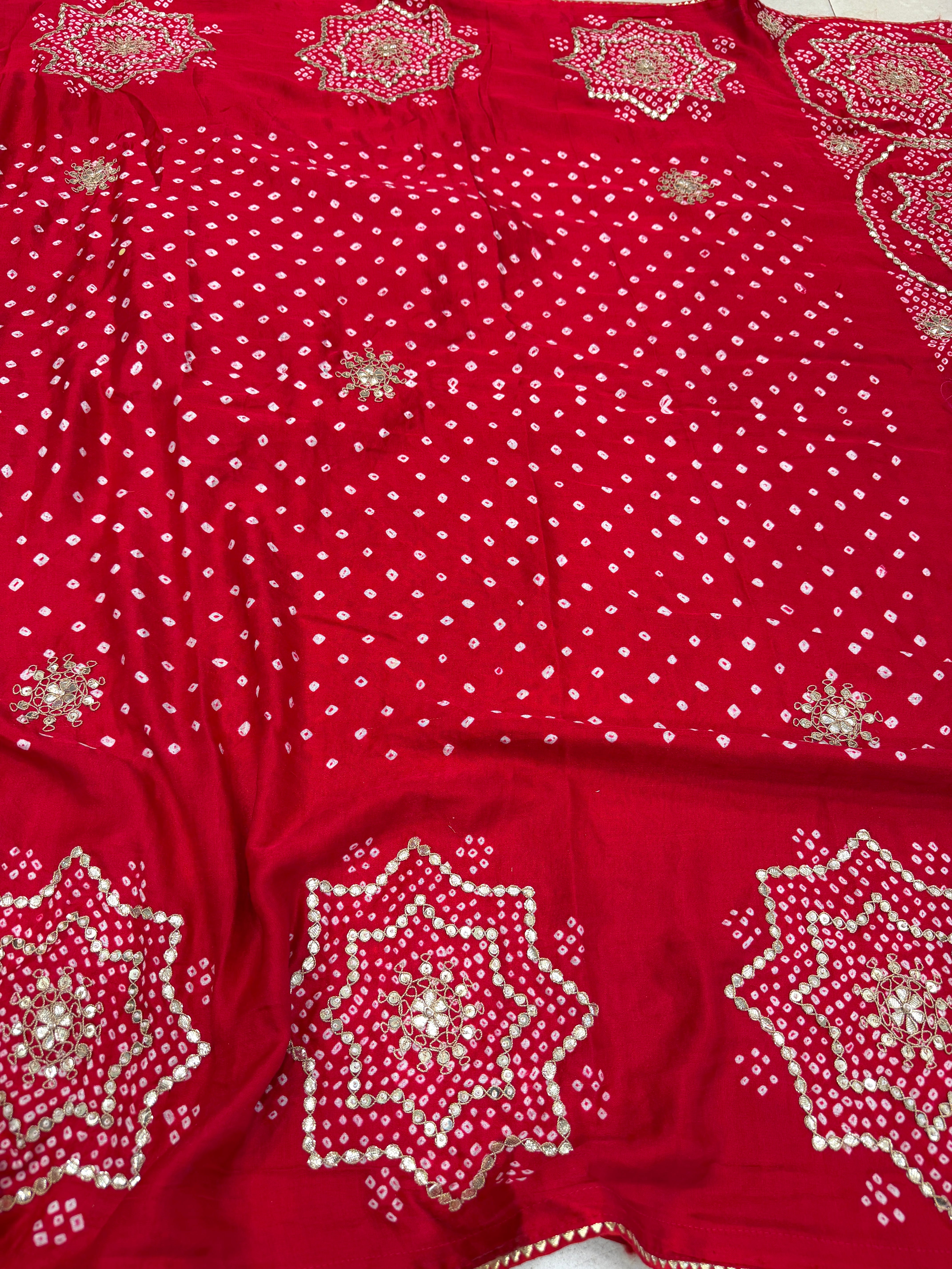 Red Gajji Silk Rai Bandhej Marodi Hand Embroidery Dabka Saree